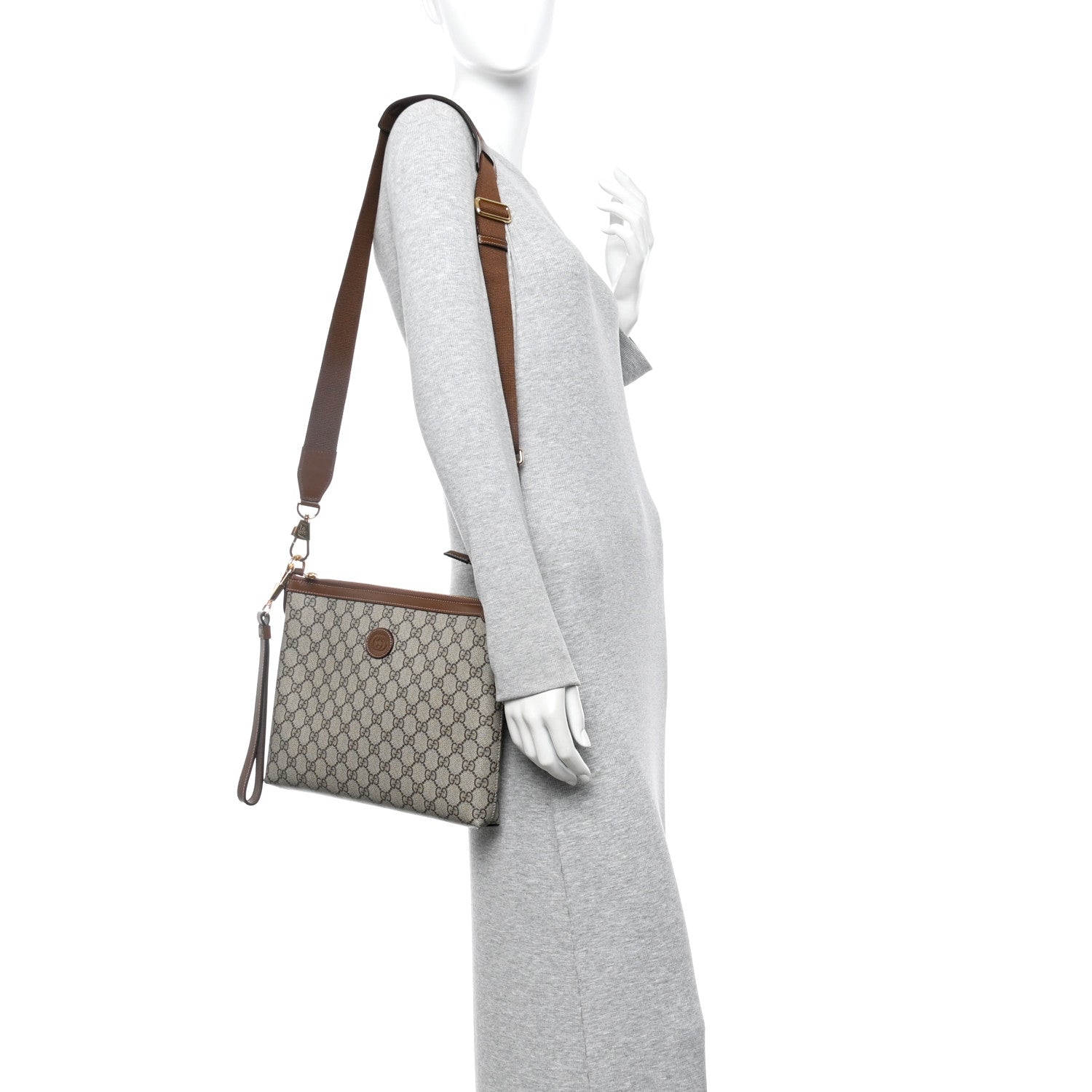 GG Supreme Monogram Azalea Calfskin Retro Interlocking G Wristlet Messenger Bag Beige Ebony Brown Sugar