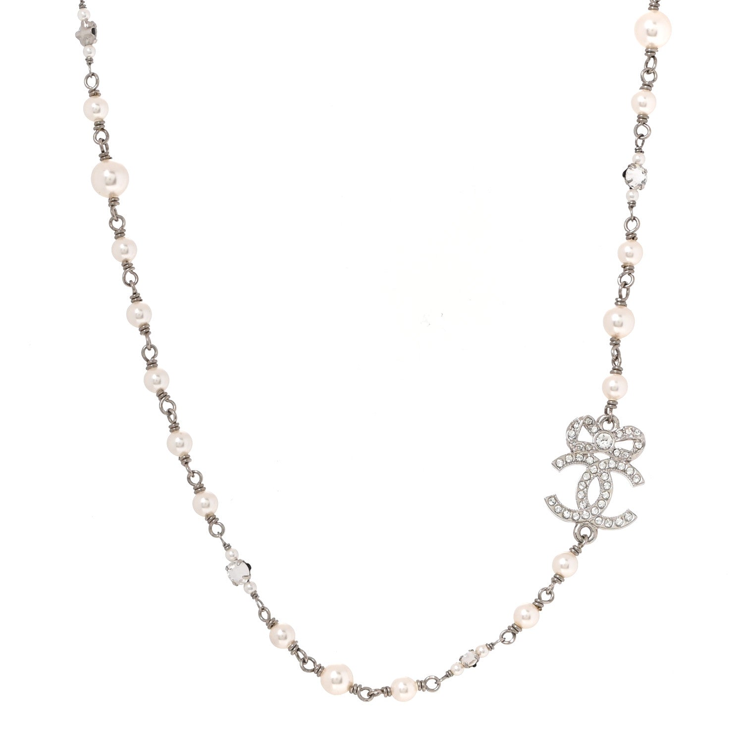 Pearl Crystal CC Bow Choker Necklace Silver Pearly White