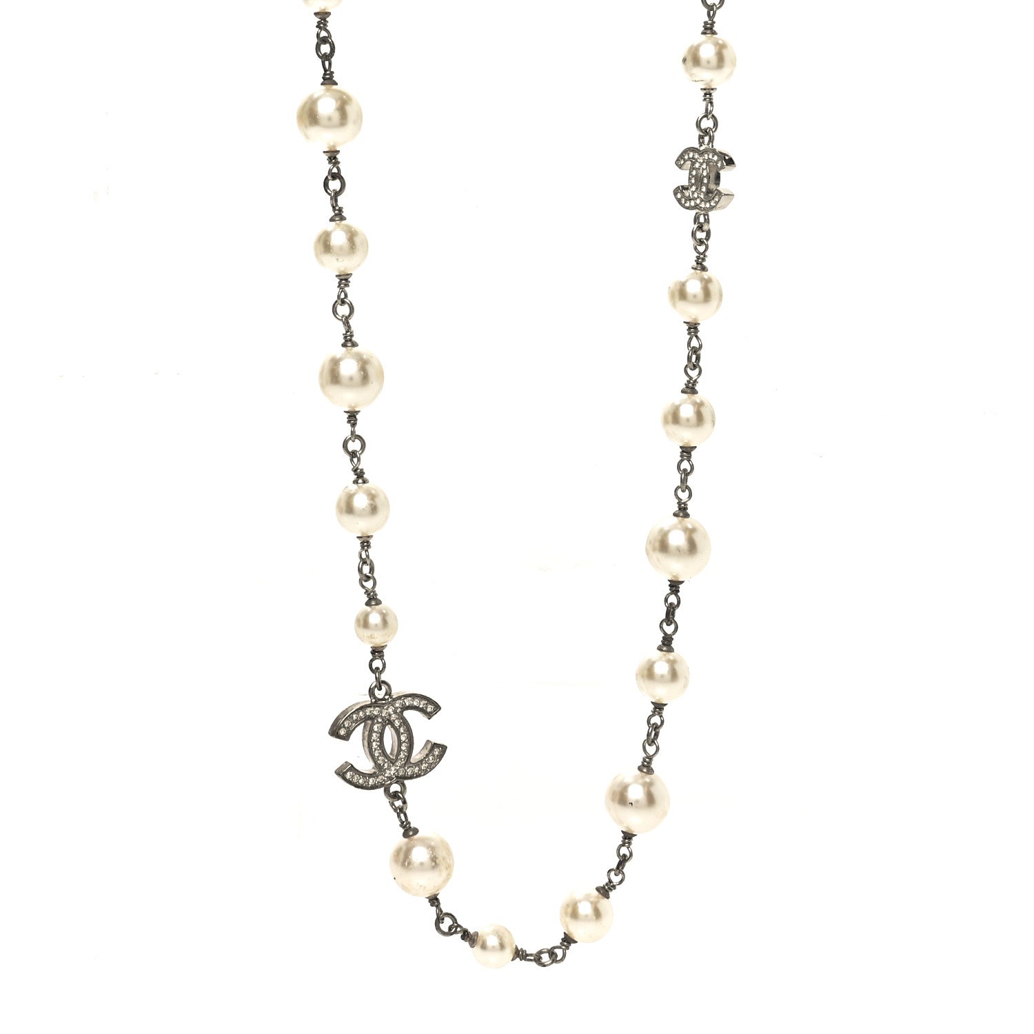 Crystal Pearl CC Long Necklace Silver