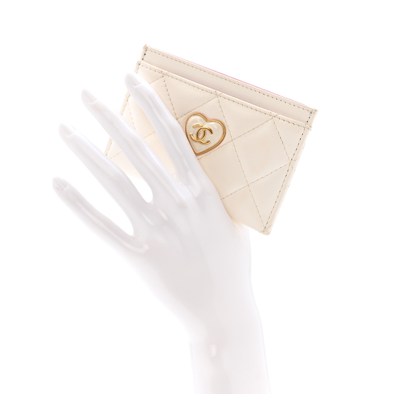 Lambskin Plexiglass Quilted Coco Love Card Holder White