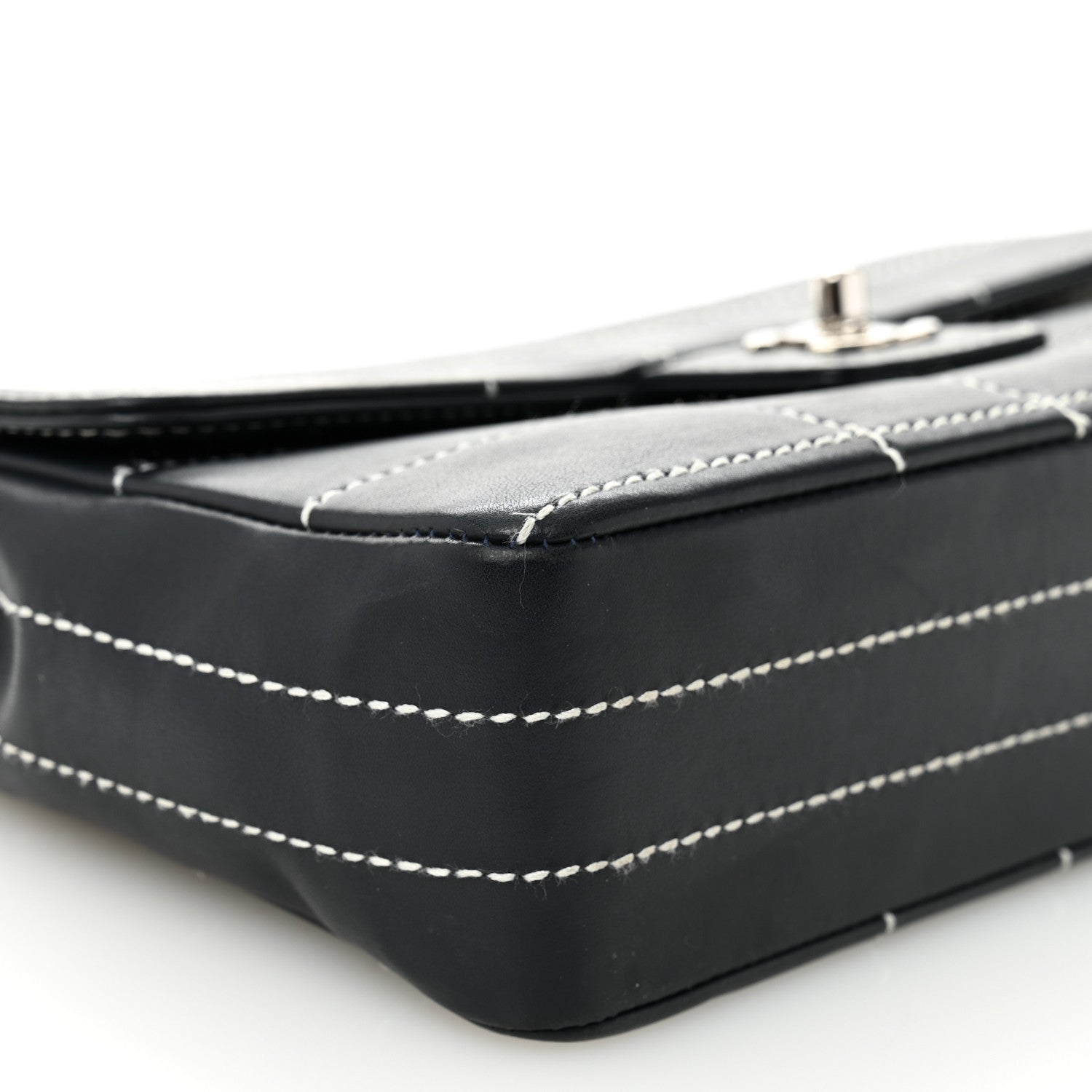 Calfskin Contrast Stitched Medium Single Flap Navy Blue