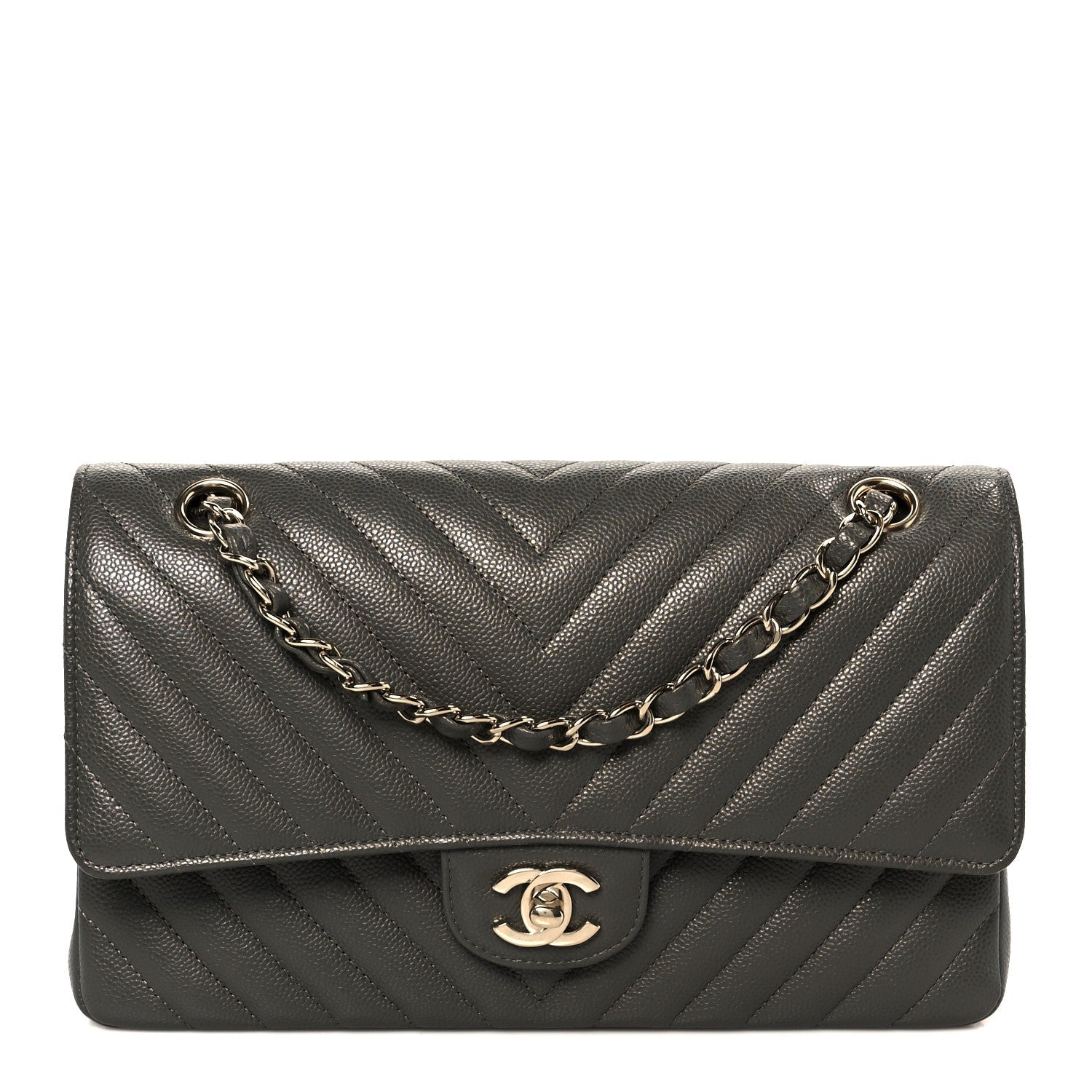 Caviar Chevron Quilted Medium Double Flap Dark Grey