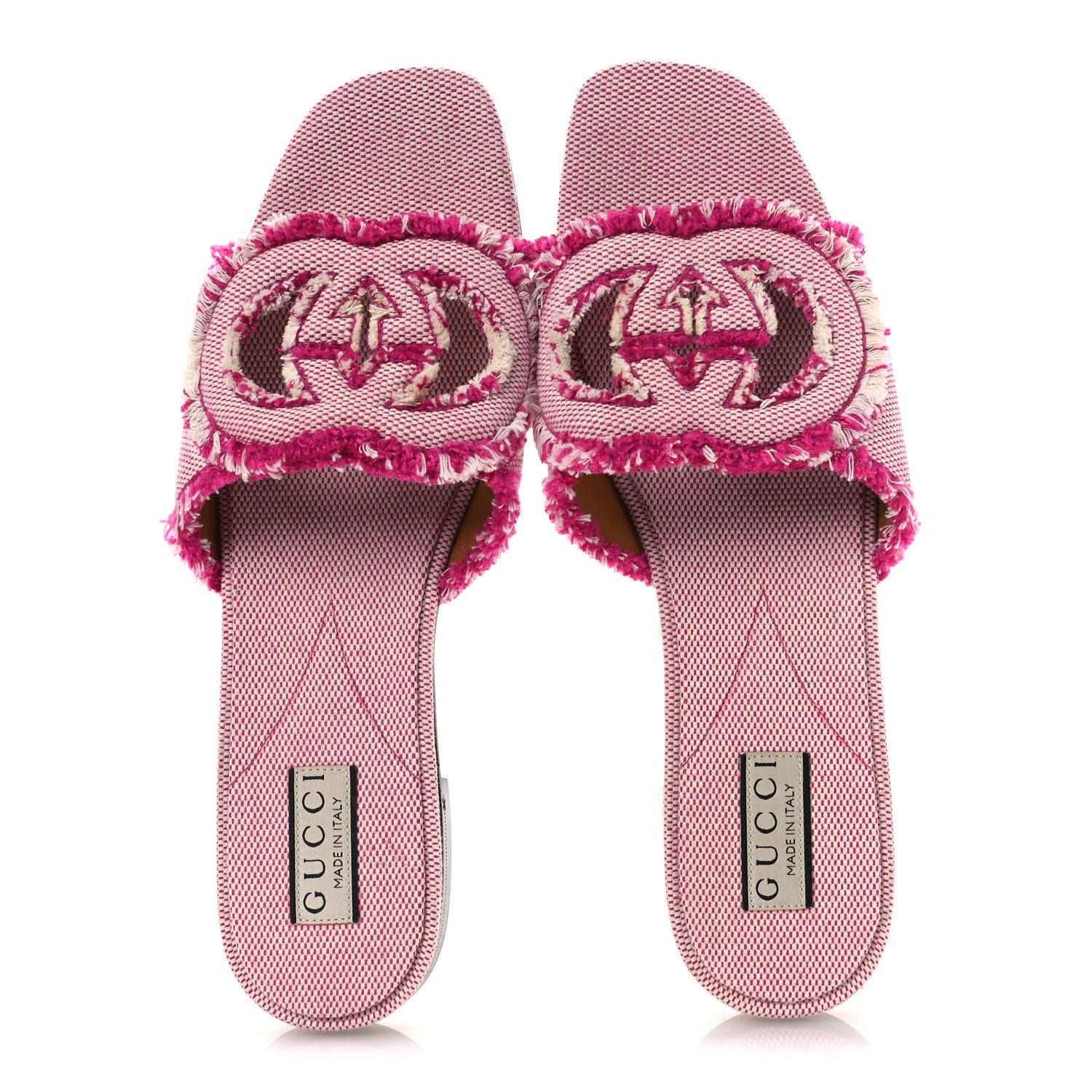 Fringed Canvas Interlocking G Cut Out Slide Sandals 41 Princess Fuxia Natural