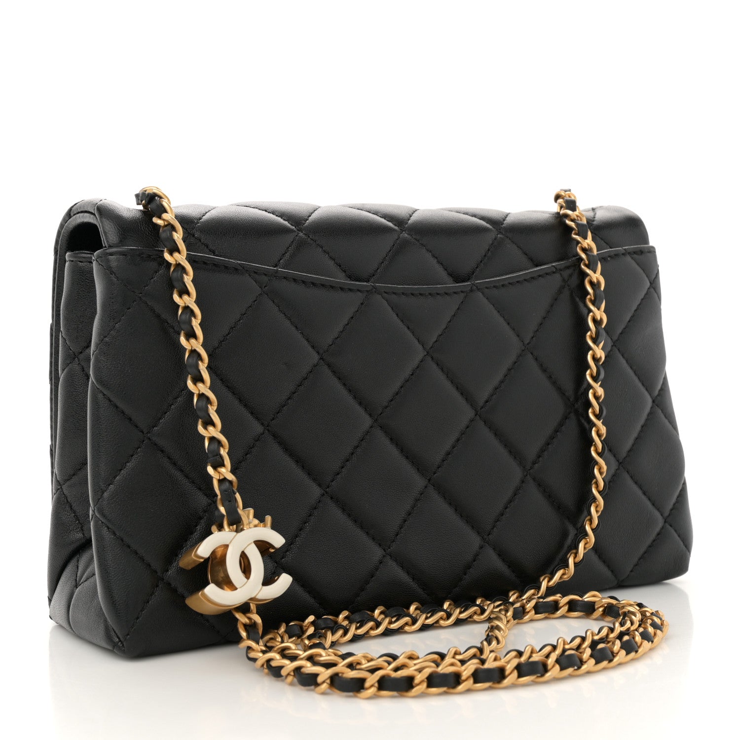 Shiny Lambskin Quilted Enamel CC Small Flap Black