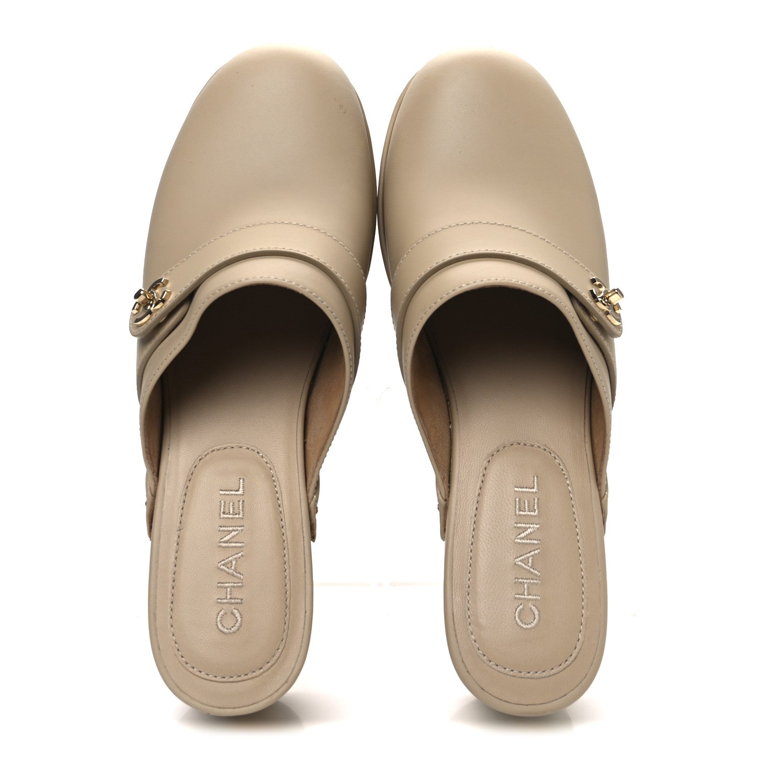 Calfskin CC Turn Lock Clogs 40 Beige