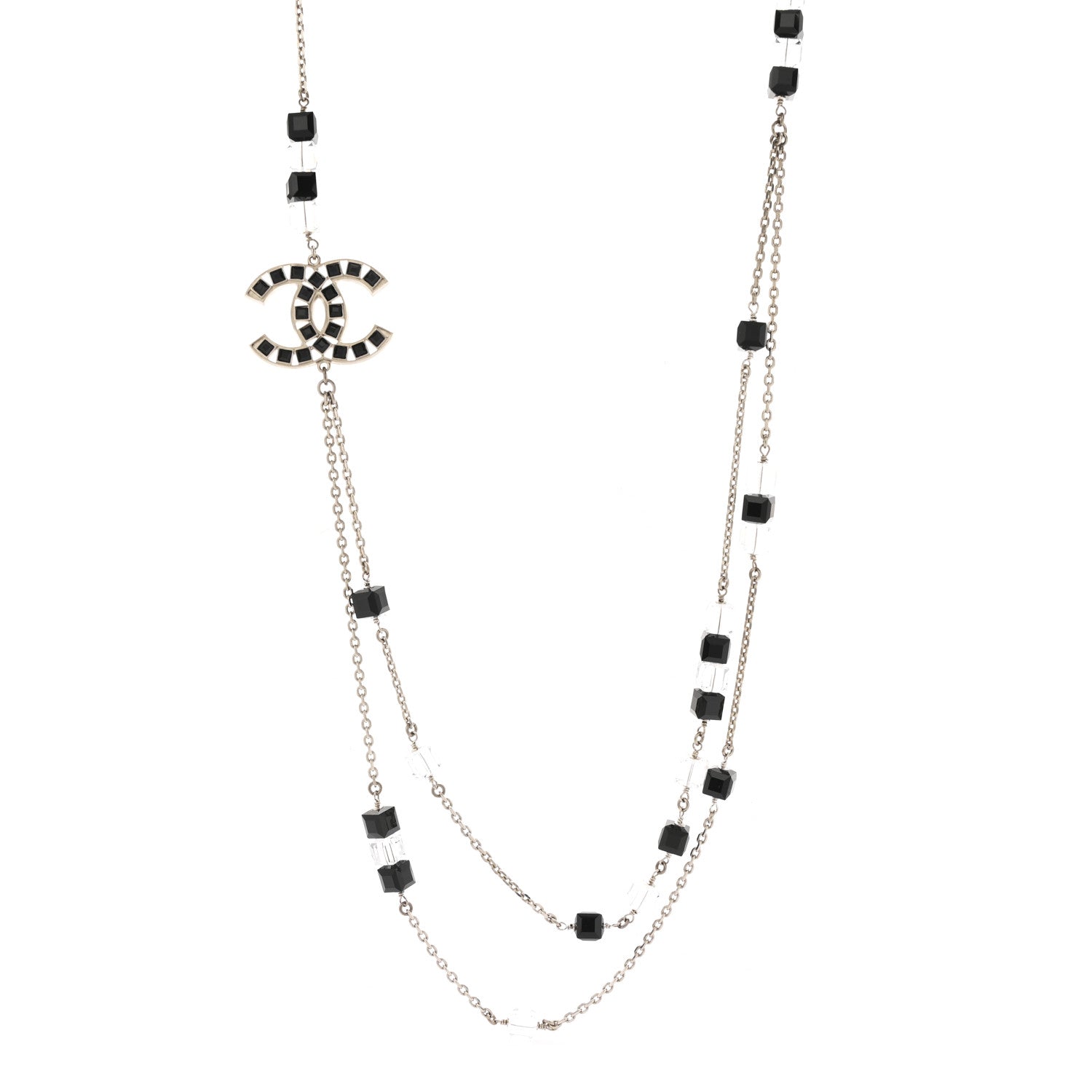 Crystal Bead CC Long Necklace Silver Black Transparent