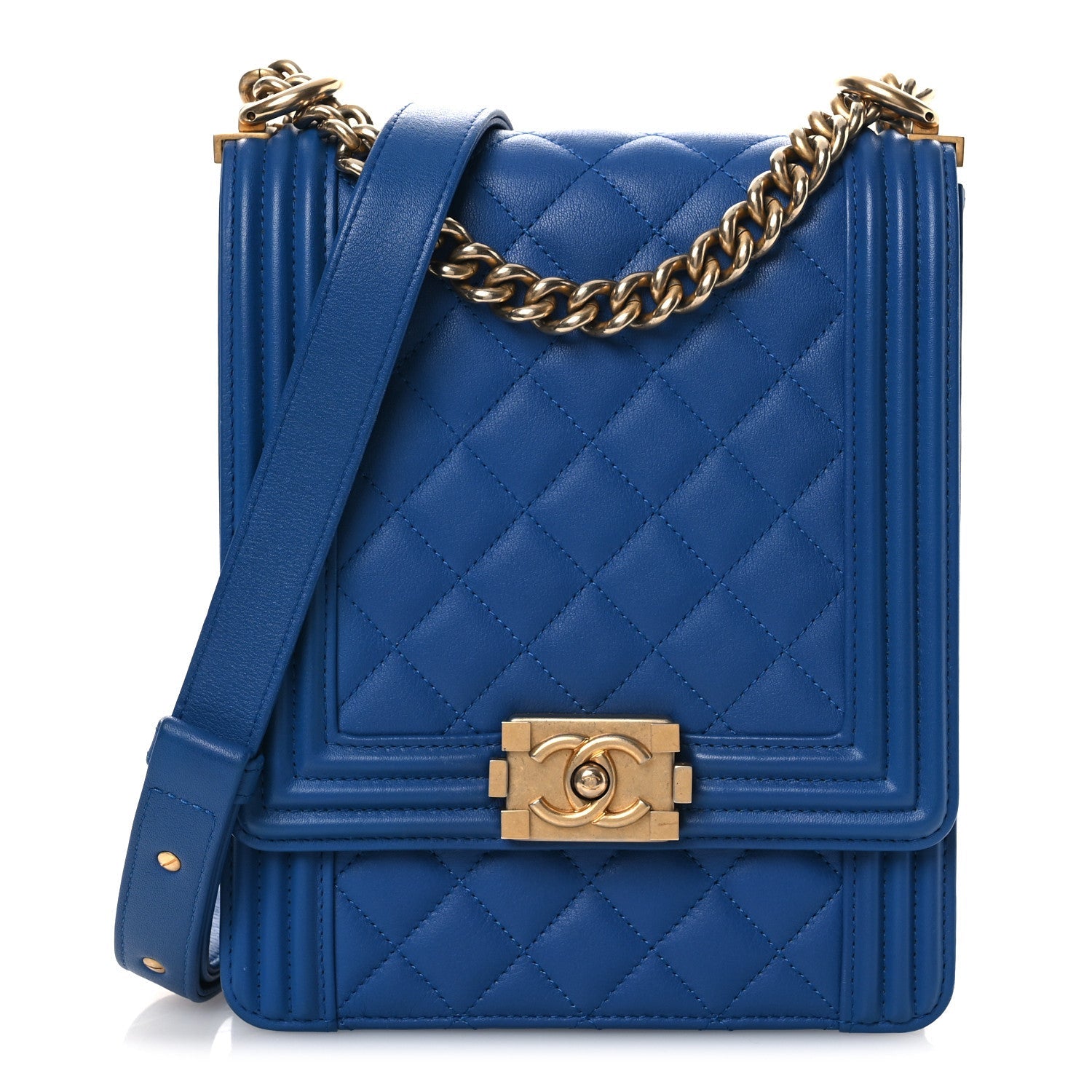 Calfskin Quilted North South Boy Flap Blue