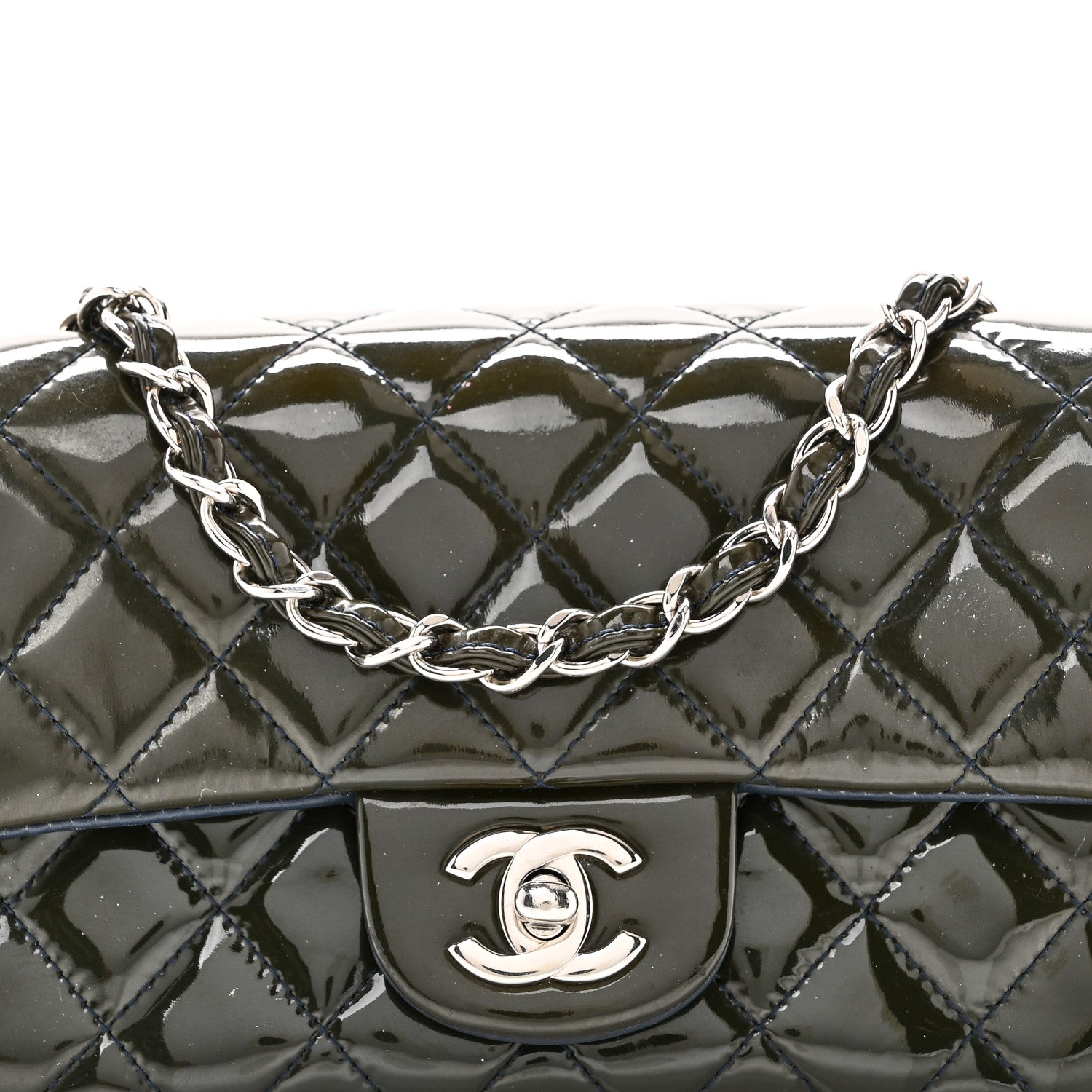 Patent Calfskin Quilted Mini Rectangular Flap Navy Blue