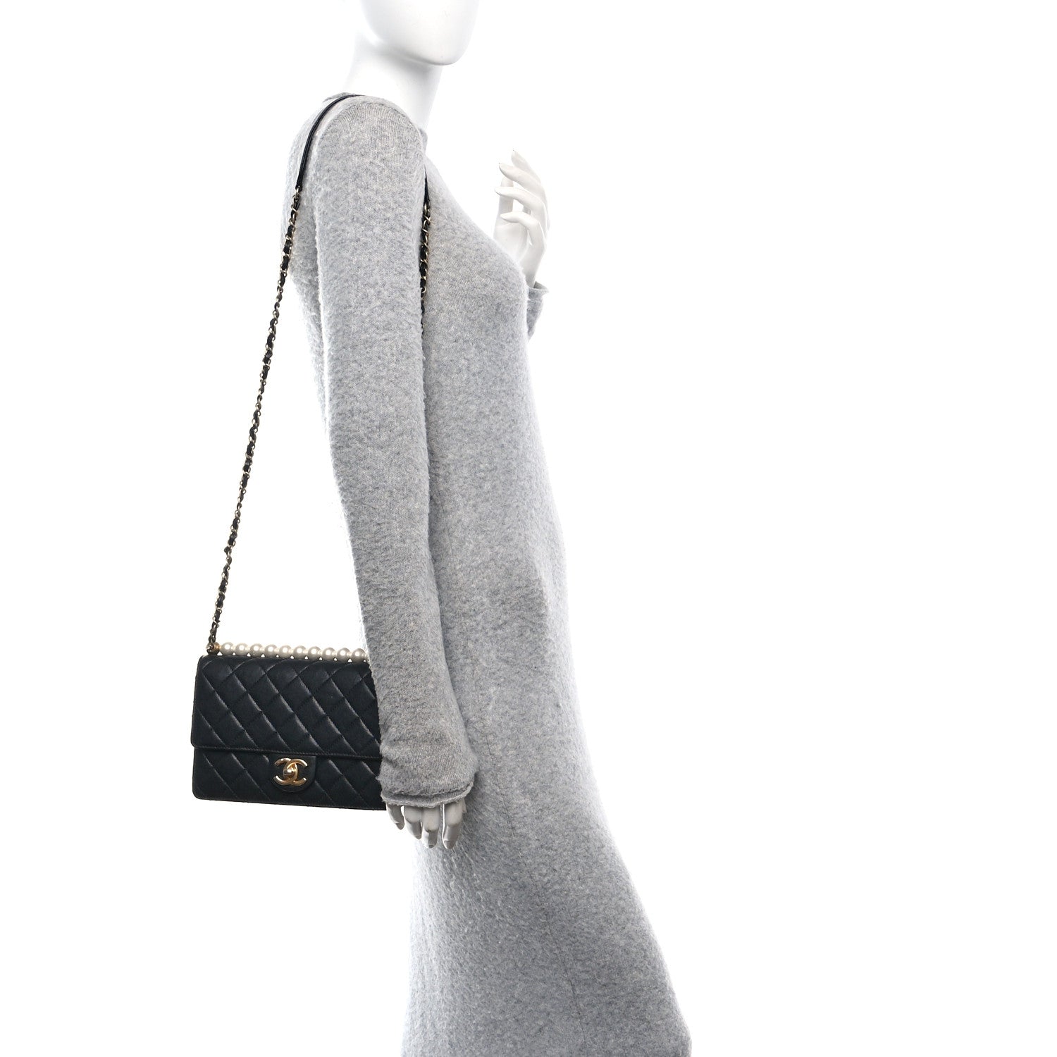 Goatskin Quilted Small Chic Pearls Flap Black