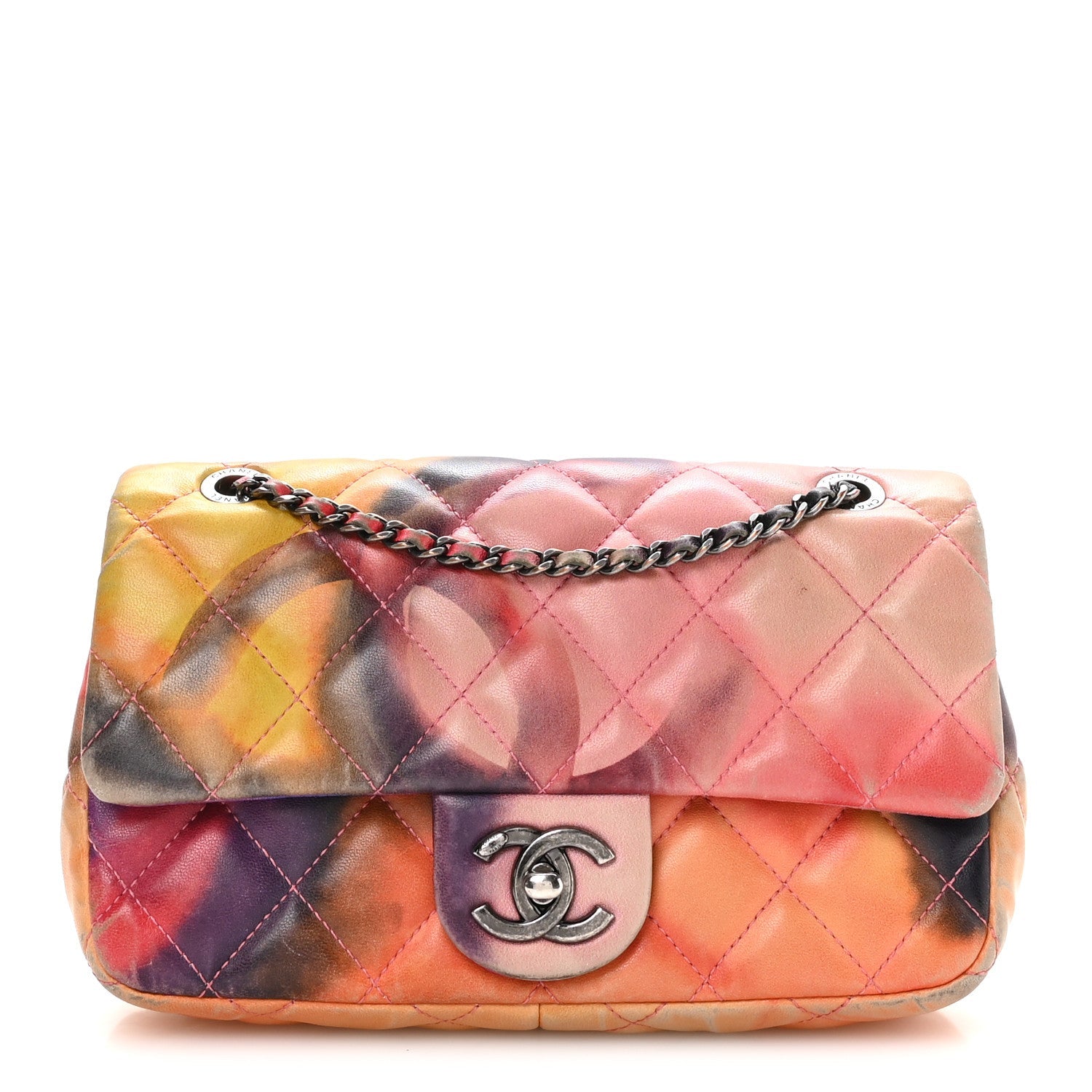 Printed Lambskin Quilted Small Flower Power Flap Ecru Orange Red Purple