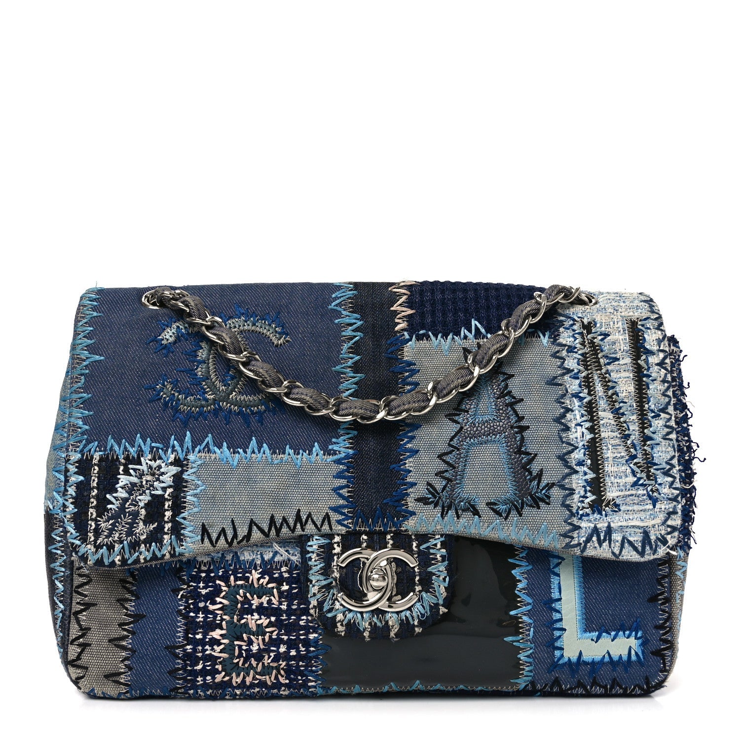 Denim Tweed Patchwork Jumbo Single Flap Blue