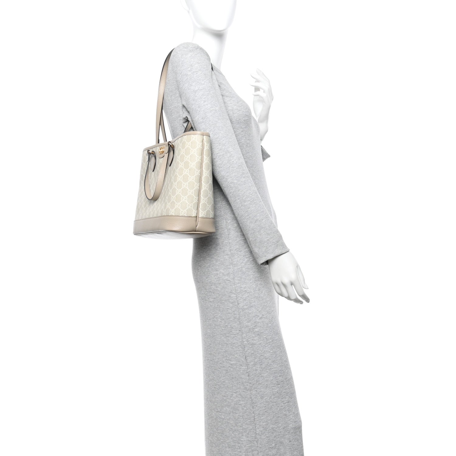 GG Supreme Monogram Textured Dollar Calfskin Small Ophidia Shoulder Tote Bag Beige Mystic White Oatmeal