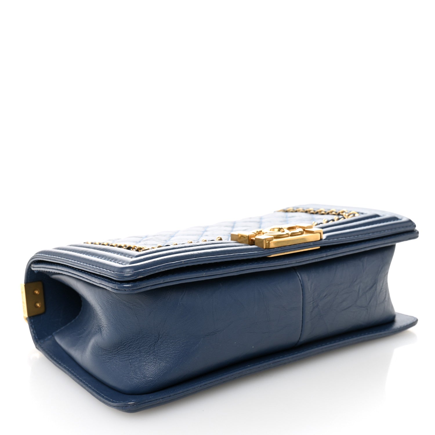 Aged Calfskin Quilted Medium Chain Detail Boy Flap Blue