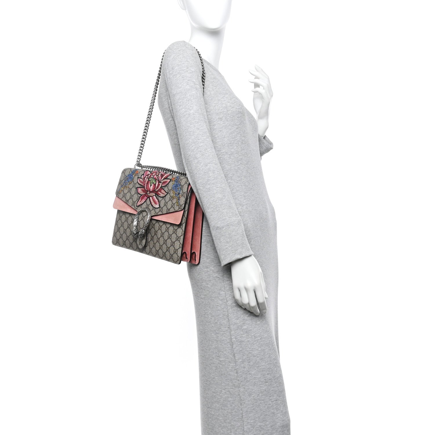 GG Supreme Monogram Crystal Floral Embroidered Medium Dionysus Shoulder Bag Beige Pink Beige Multicolor