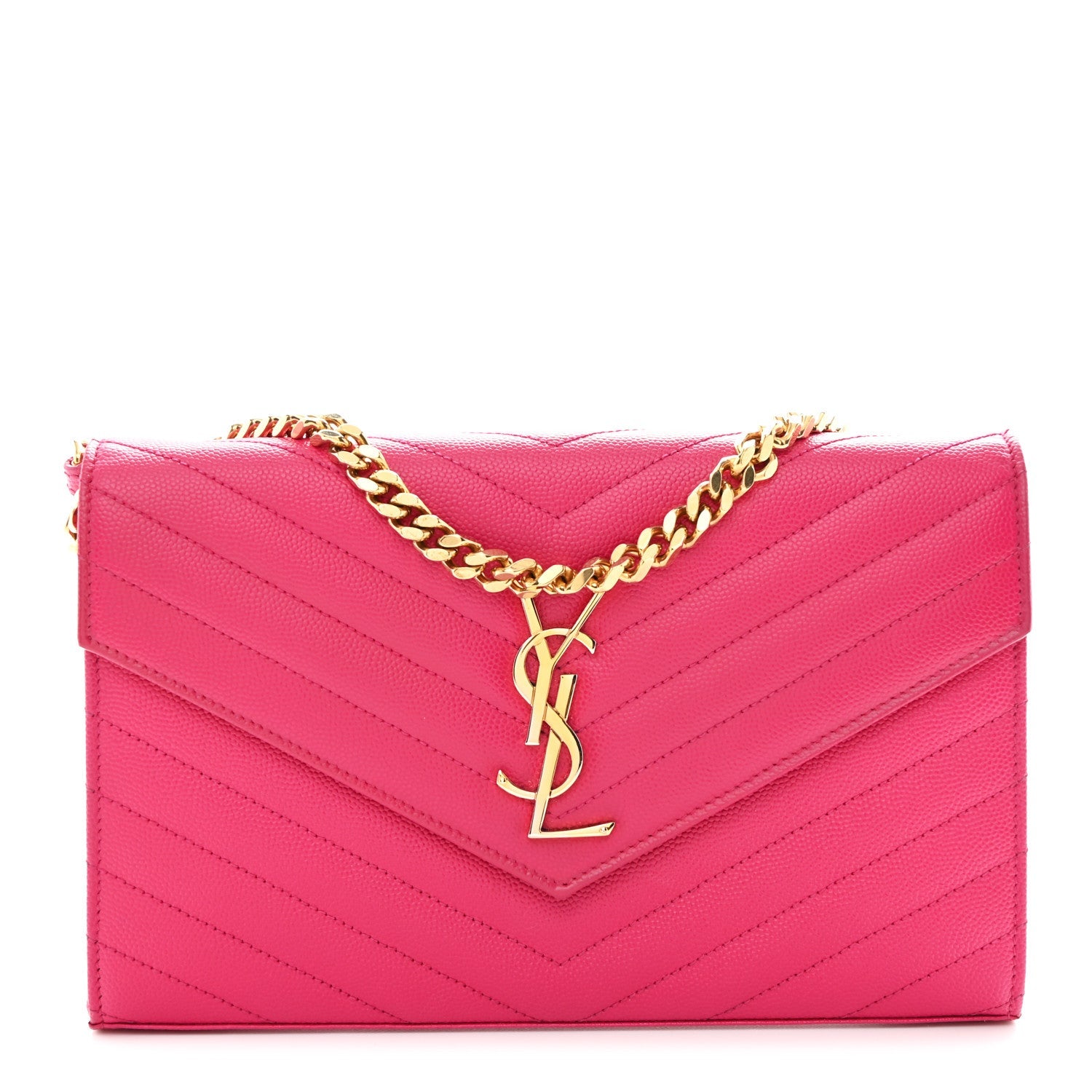 Grain De Poudre Matelasse Chevron Monogram Chain Wallet Lipstick Fuchsia