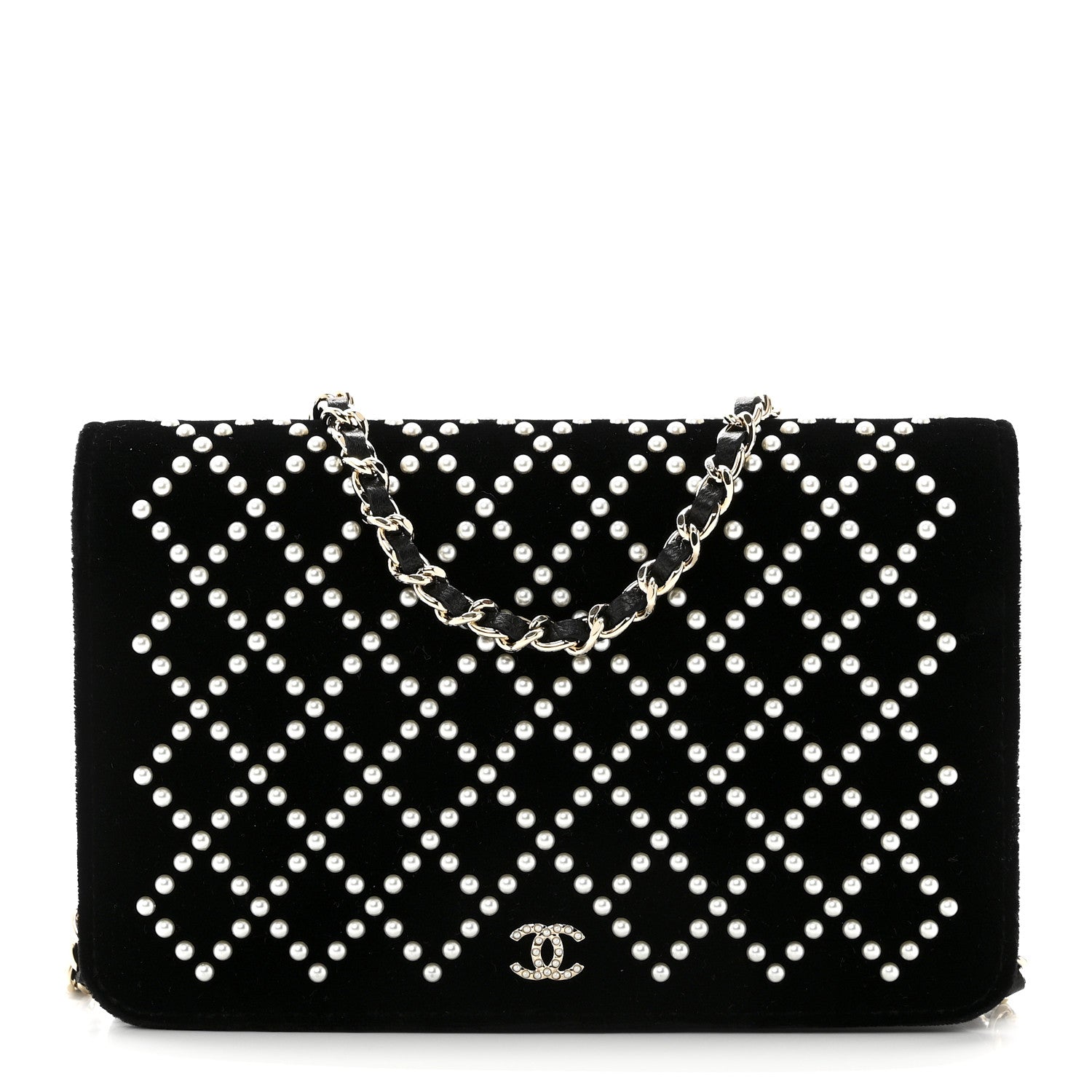 Velvet Pearl Diamond Embellished Wallet On Chain WOC Black
