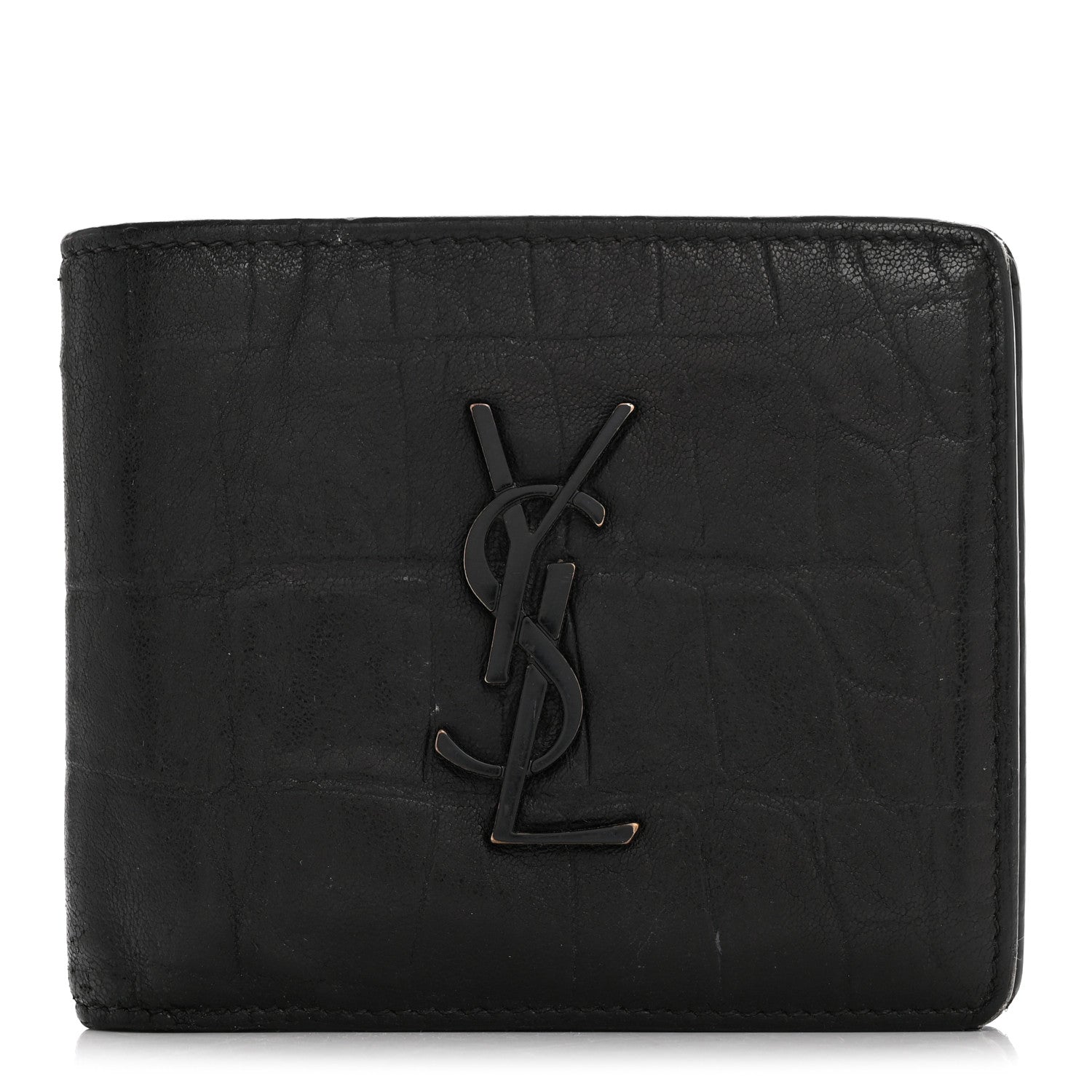 Calfskin Crocodile Embossed Monogram Bifold Wallet Black