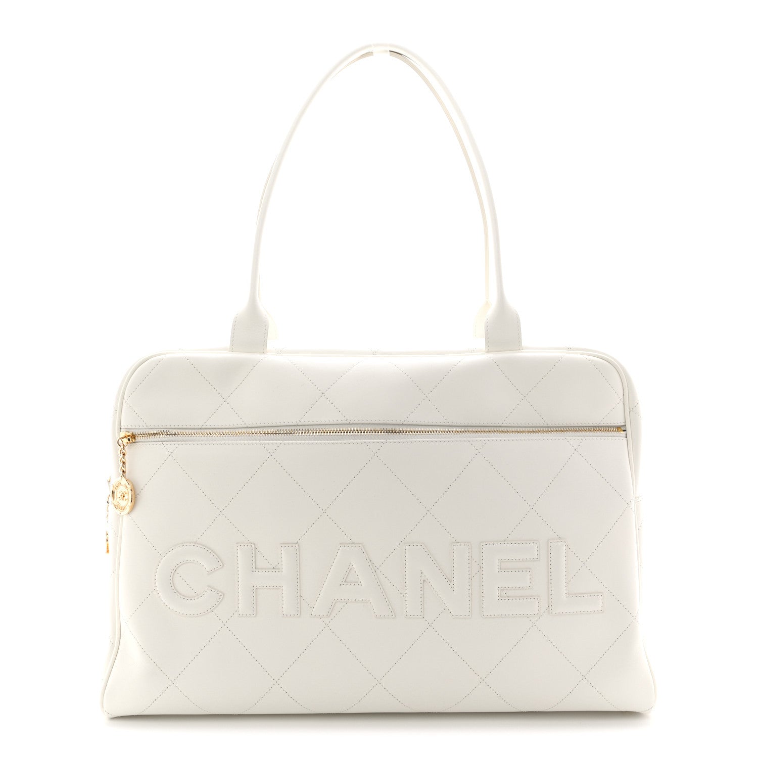 Calfskin Stitched Maxi Logo Bowling Bag White