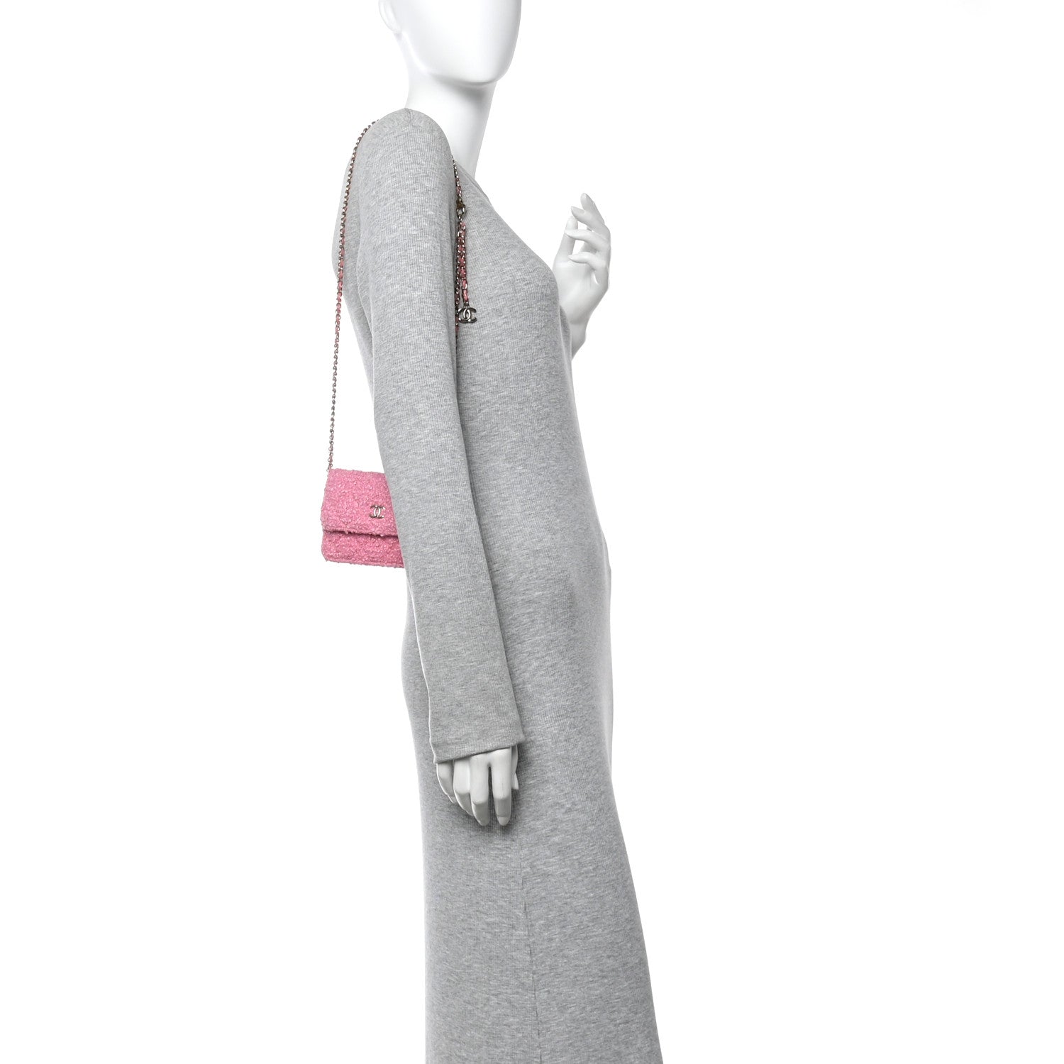 Tweed Quilted Flap Chain Waist Bag Pink