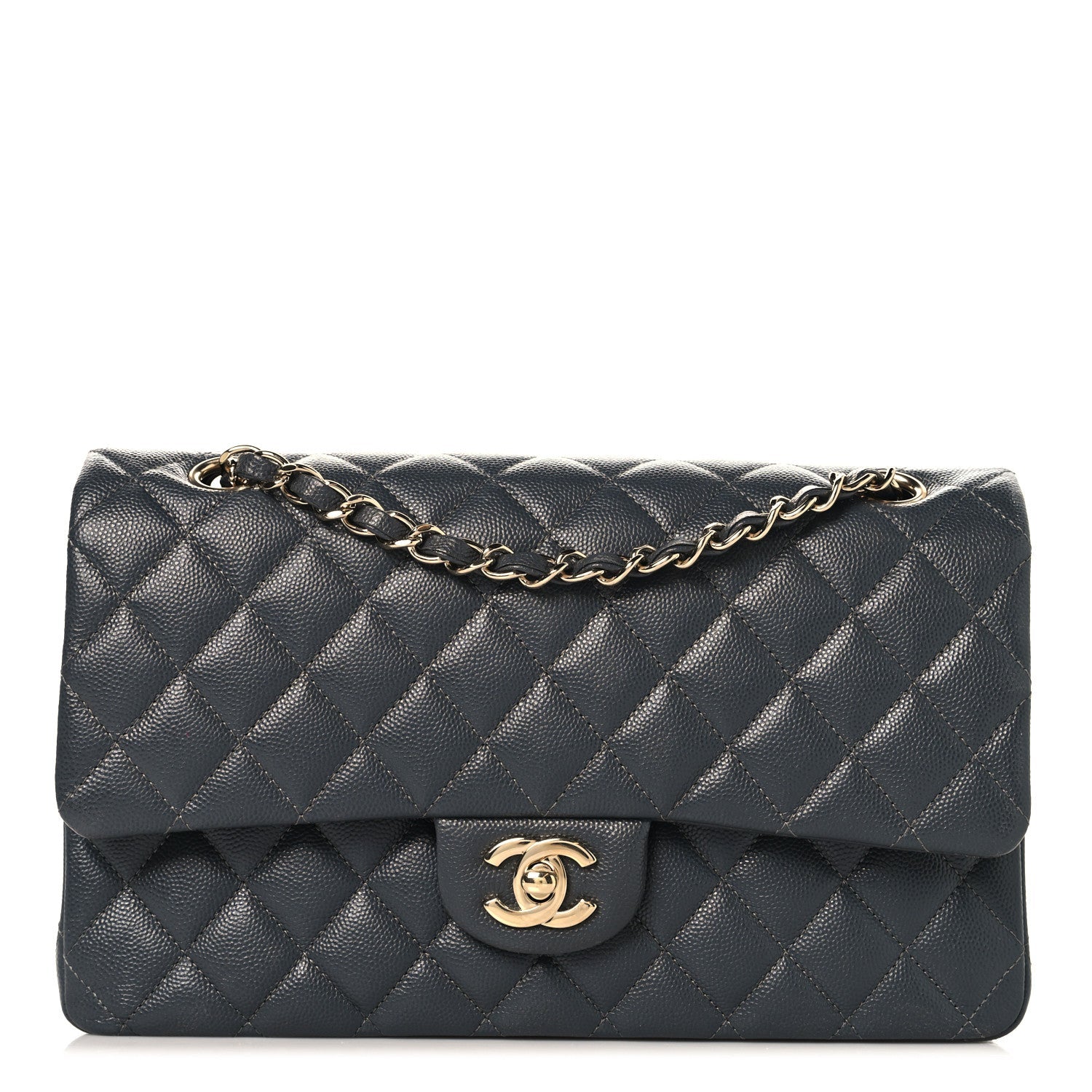Caviar Quilted Medium Double Flap Dark Grey