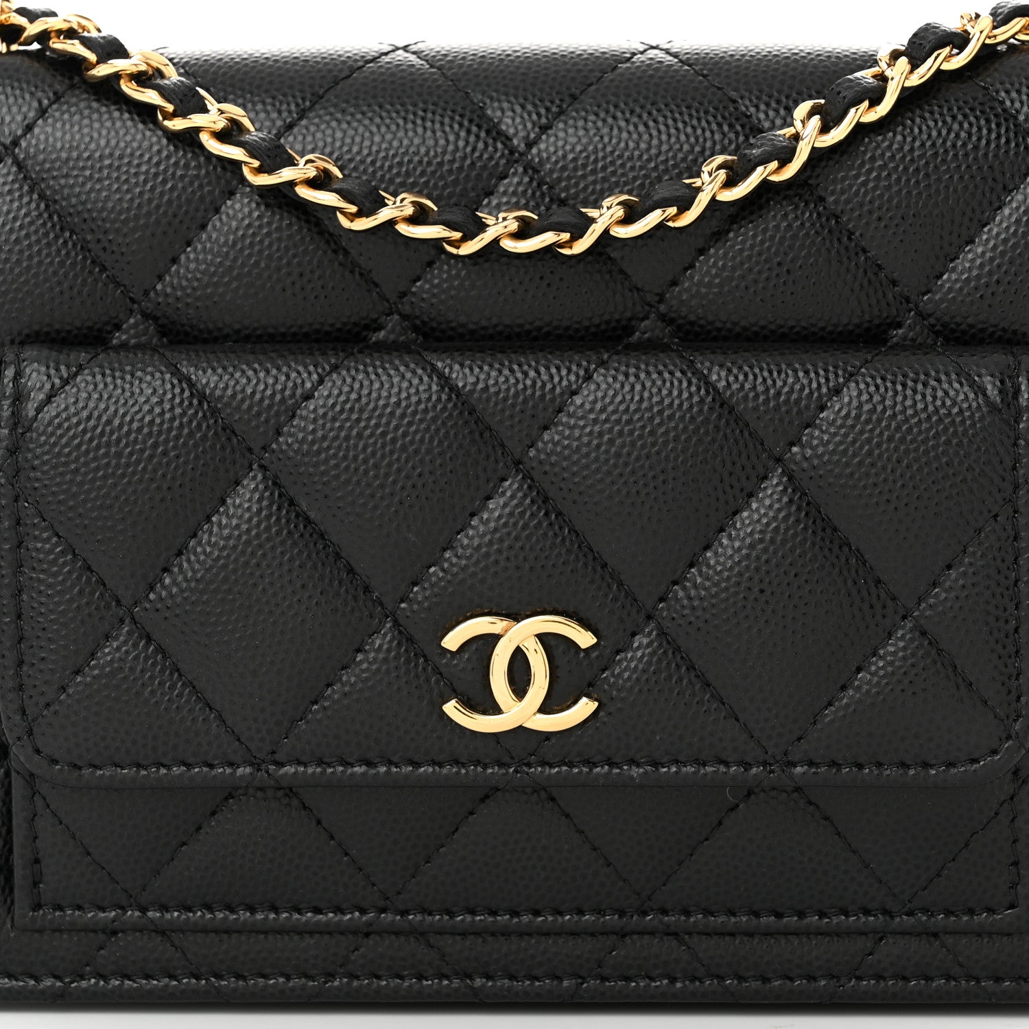 Caviar Quilted Pocket Clutch With Chain WOC Black