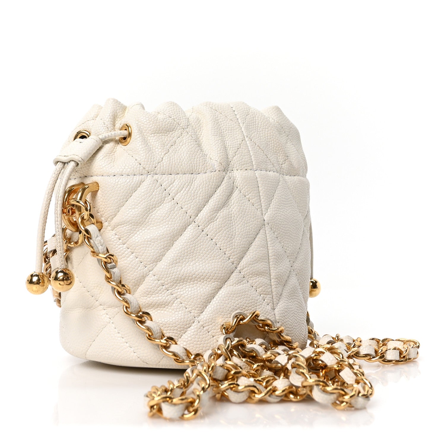 Caviar Quilted Coco First Bucket Clutch With Chain White