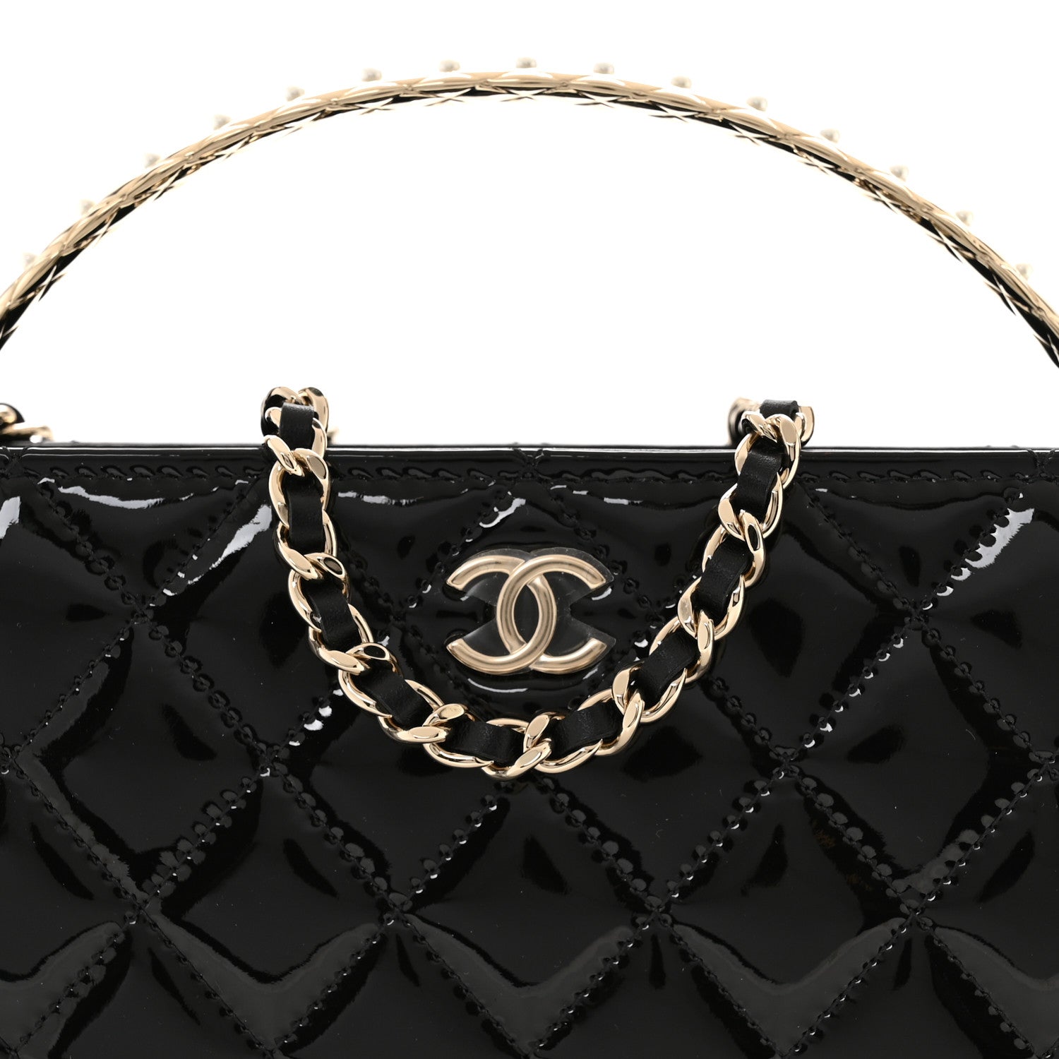 Patent Calfskin Quilted Pearl Clutch With Chain Black