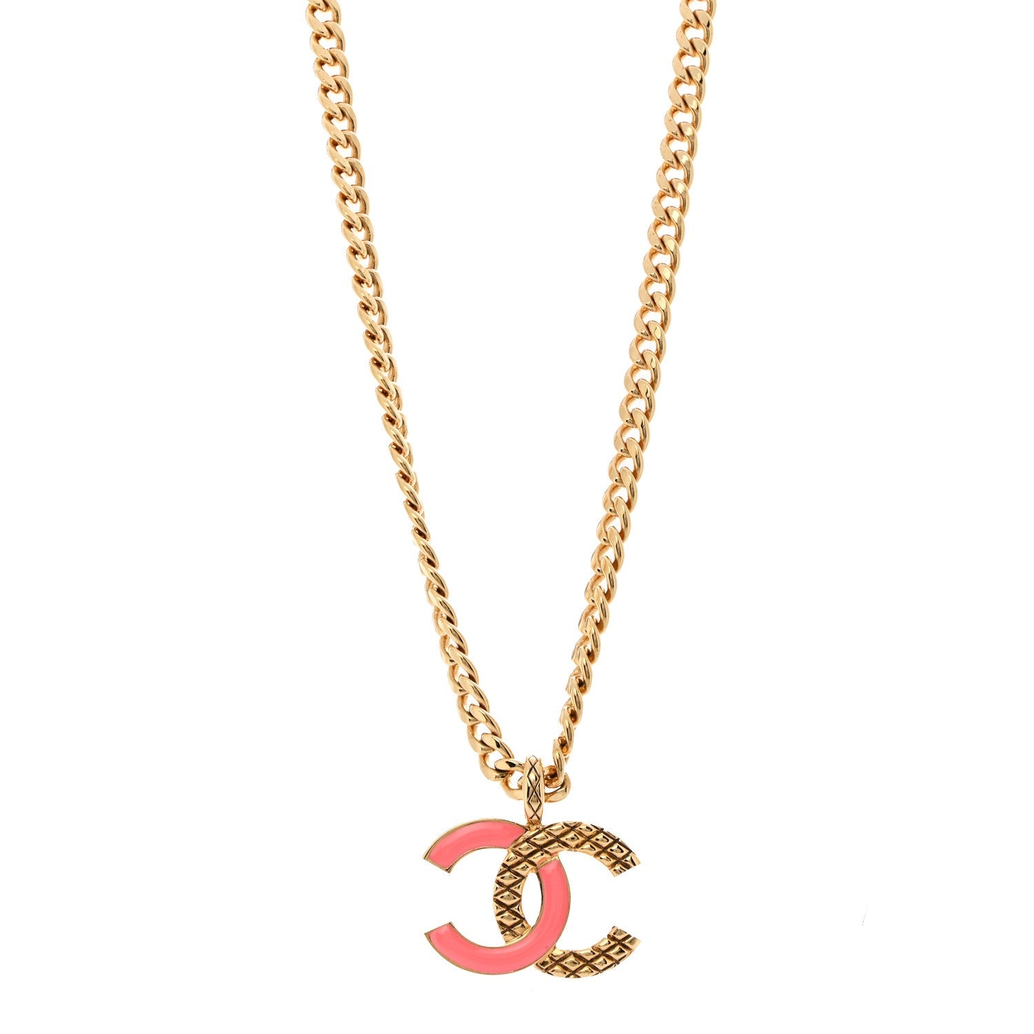 Metal Enamel Quilted CC Chain Necklace Pendant Gold Pink