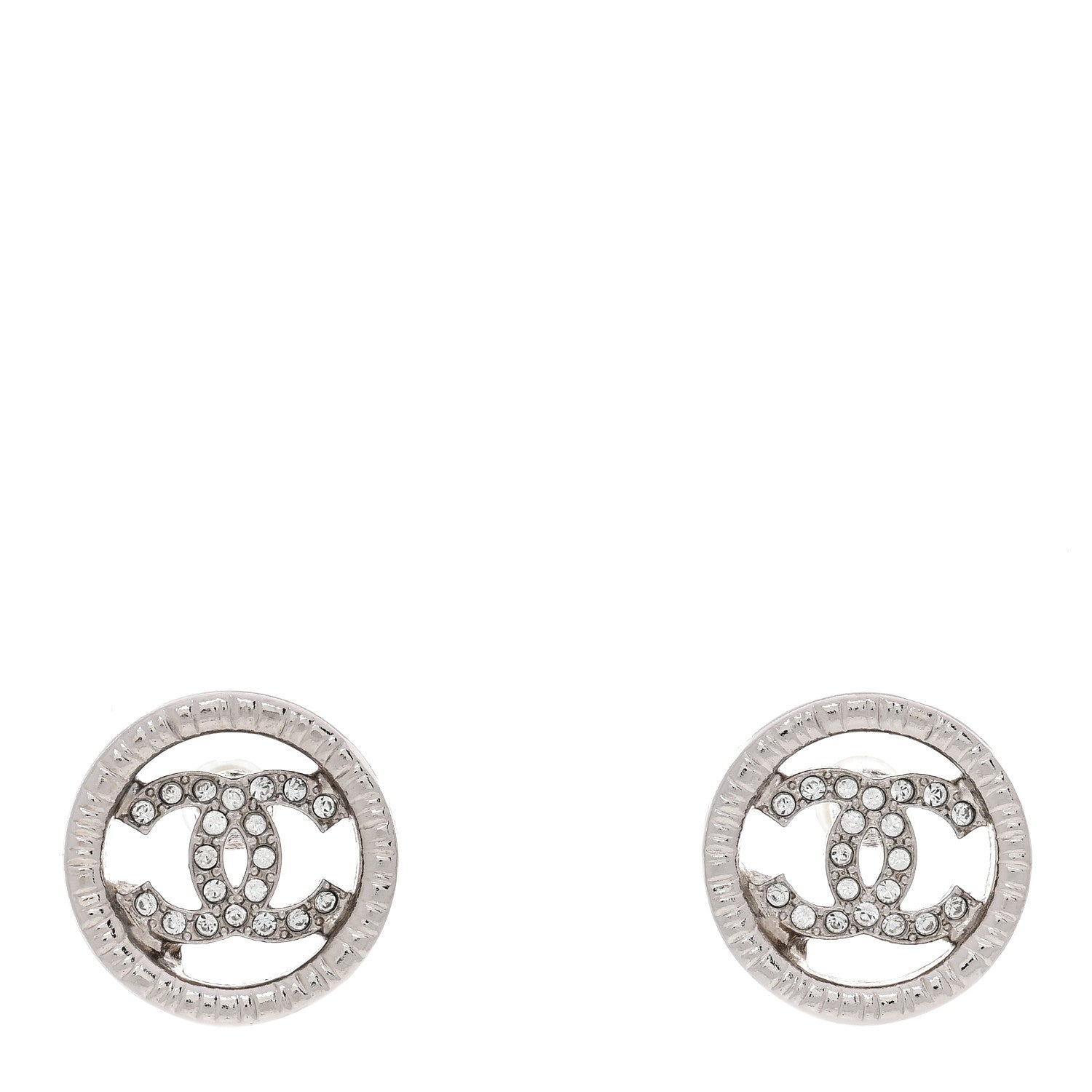 Metal Crystal Textured CC Round Earrings Silver