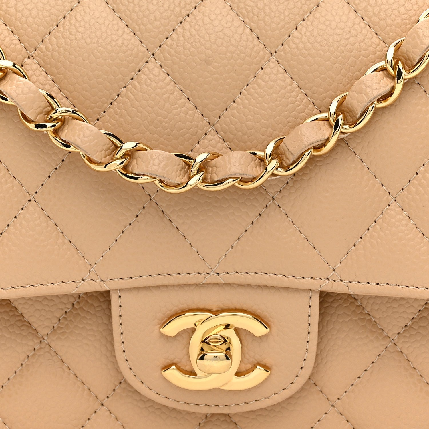 Caviar Quilted Medium Double Flap Beige