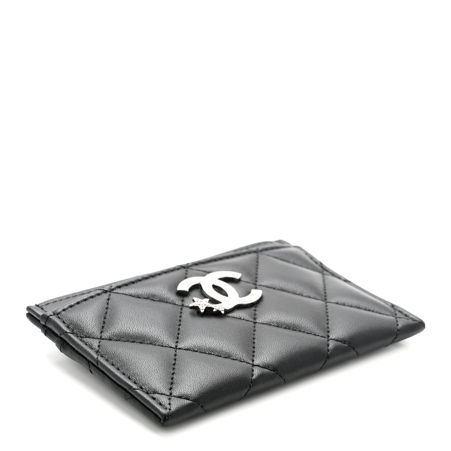 Lambskin Crystal Quilted Studded CC Card Holder Black