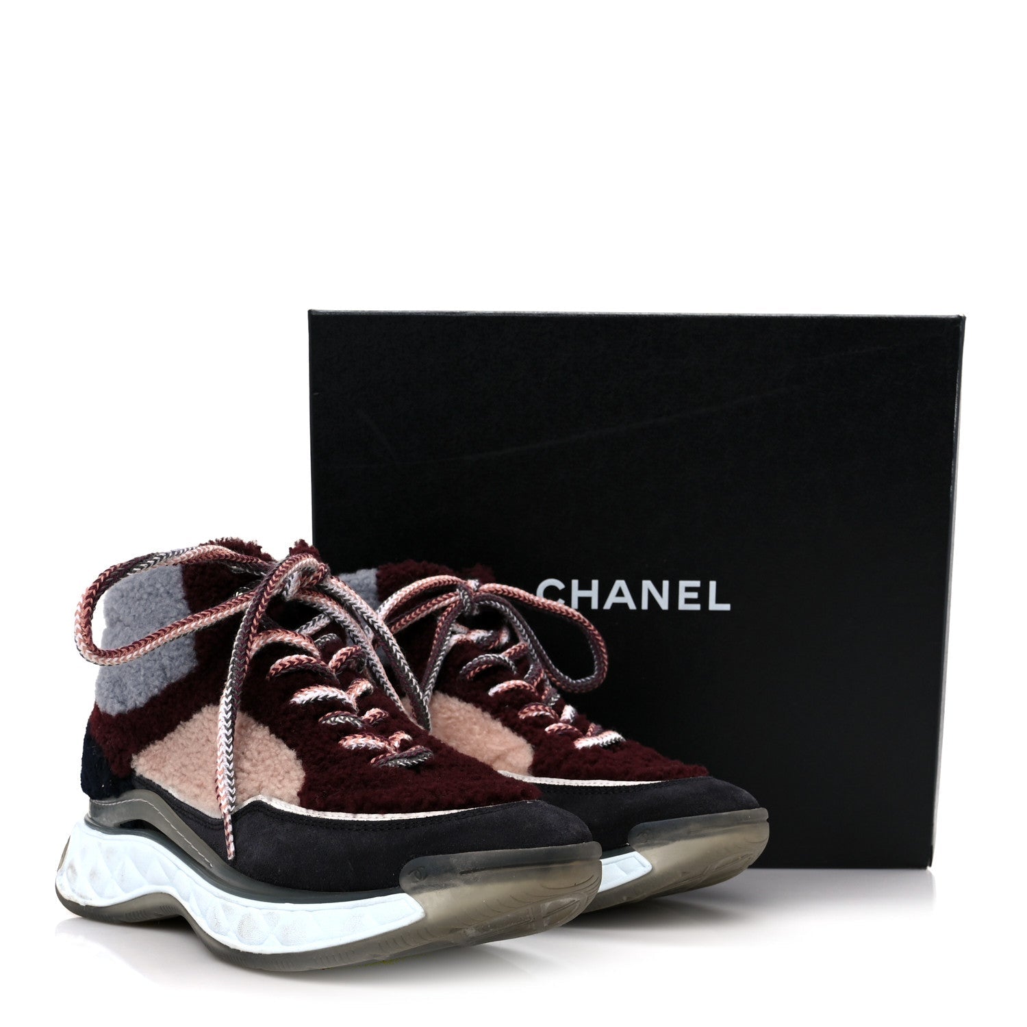 Shearling Suede CC High Top Sneakers 39 Grey Pink Burgundy