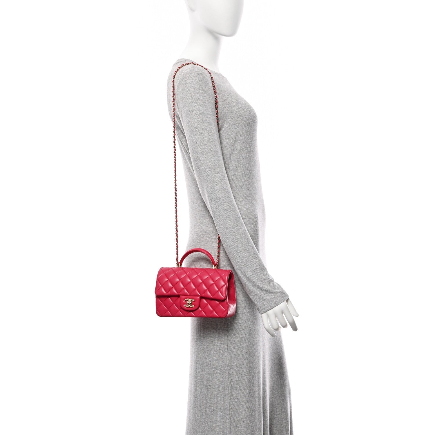Lambskin Quilted Mini Top Handle Rectangular Flap Dark Pink