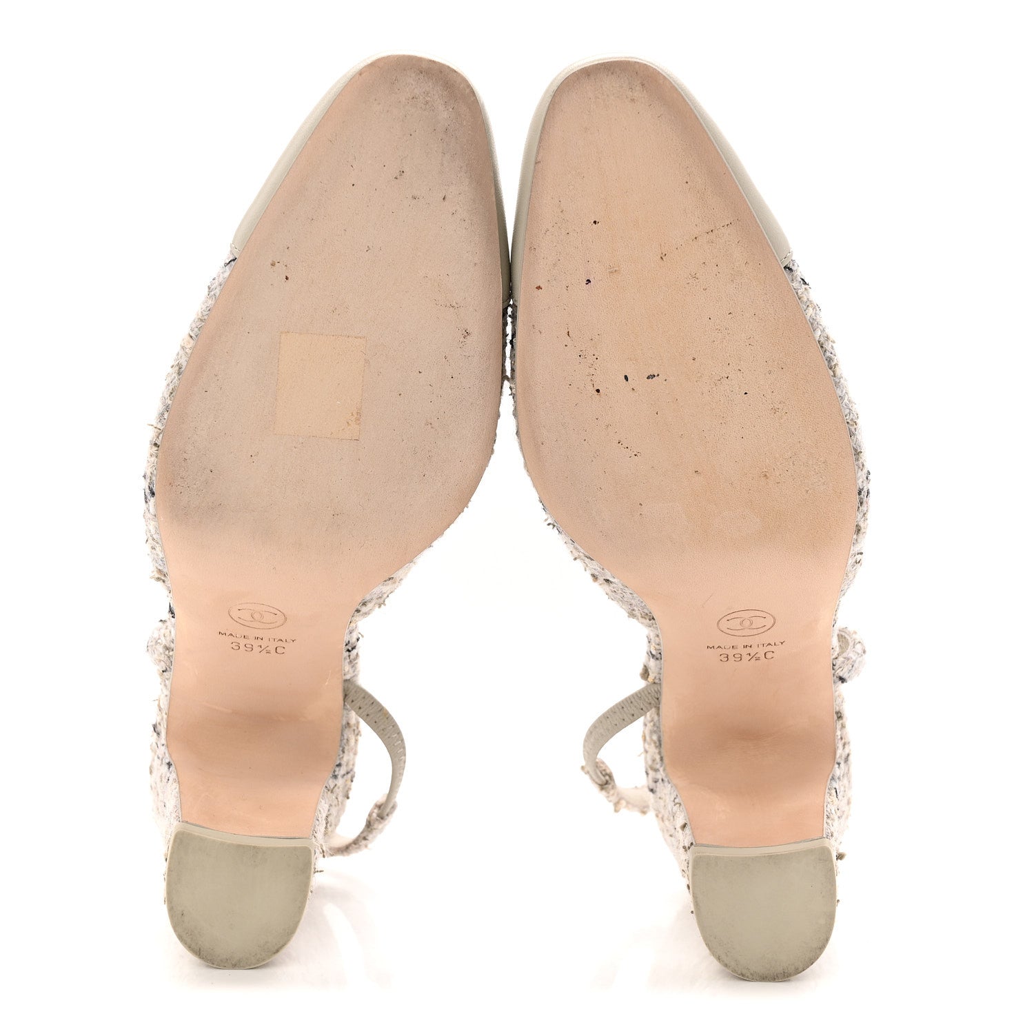 Wool Cotton Tweed Lambskin Cap Toe CC Slingback Pumps 39.5 Grey Black Gold