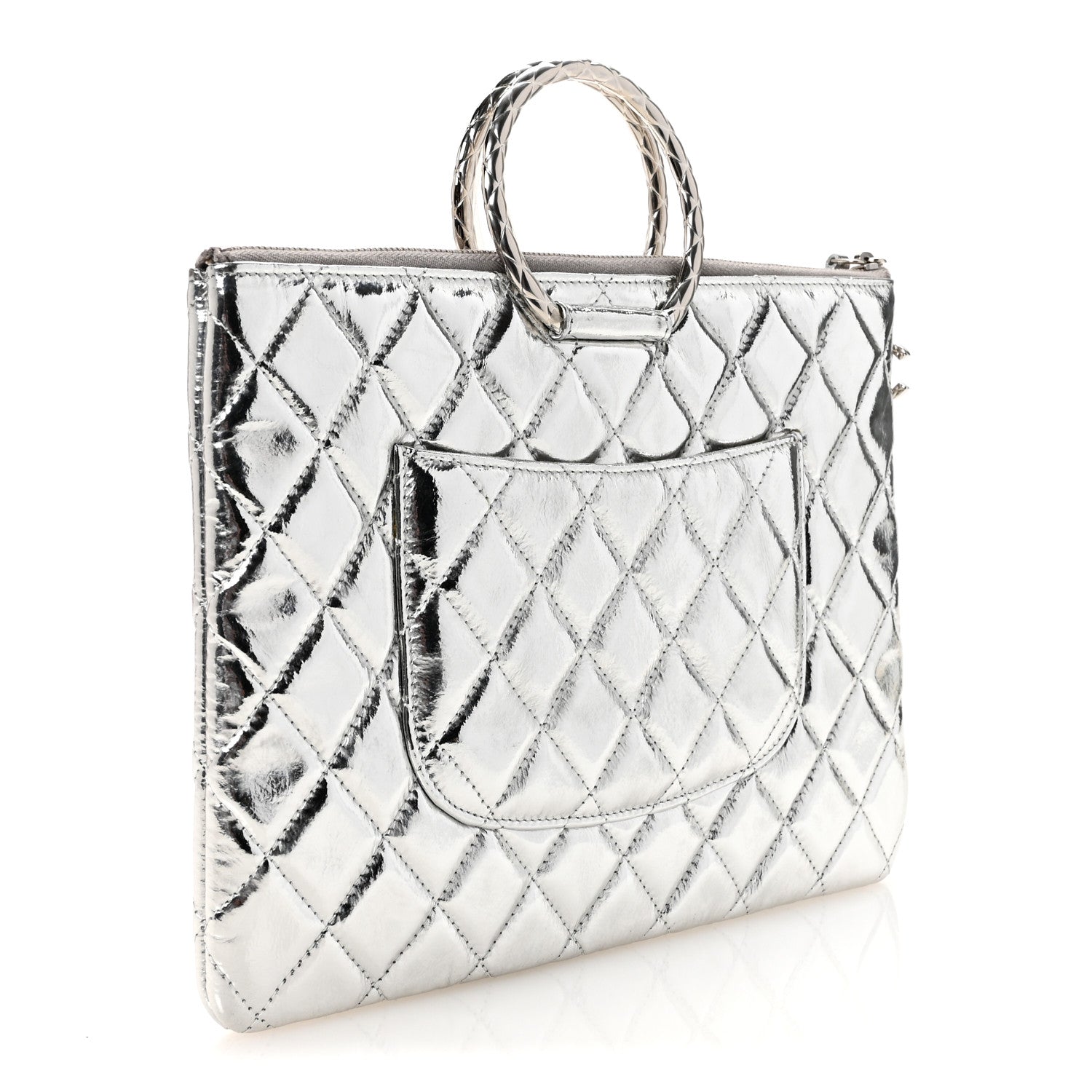 Metallic Aged Calfskin Quilted Round Handle Clutch Silver