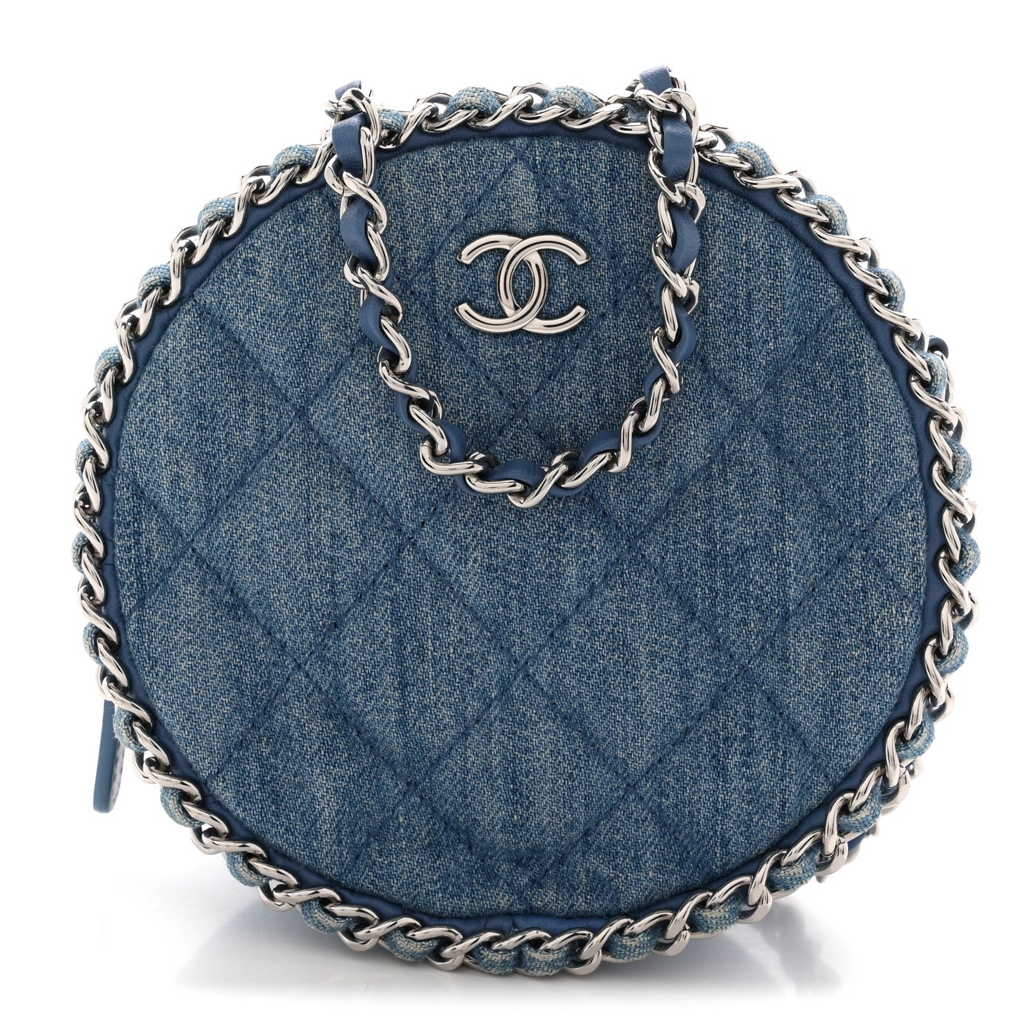 Denim Quilted Round Clutch With Chain Blue