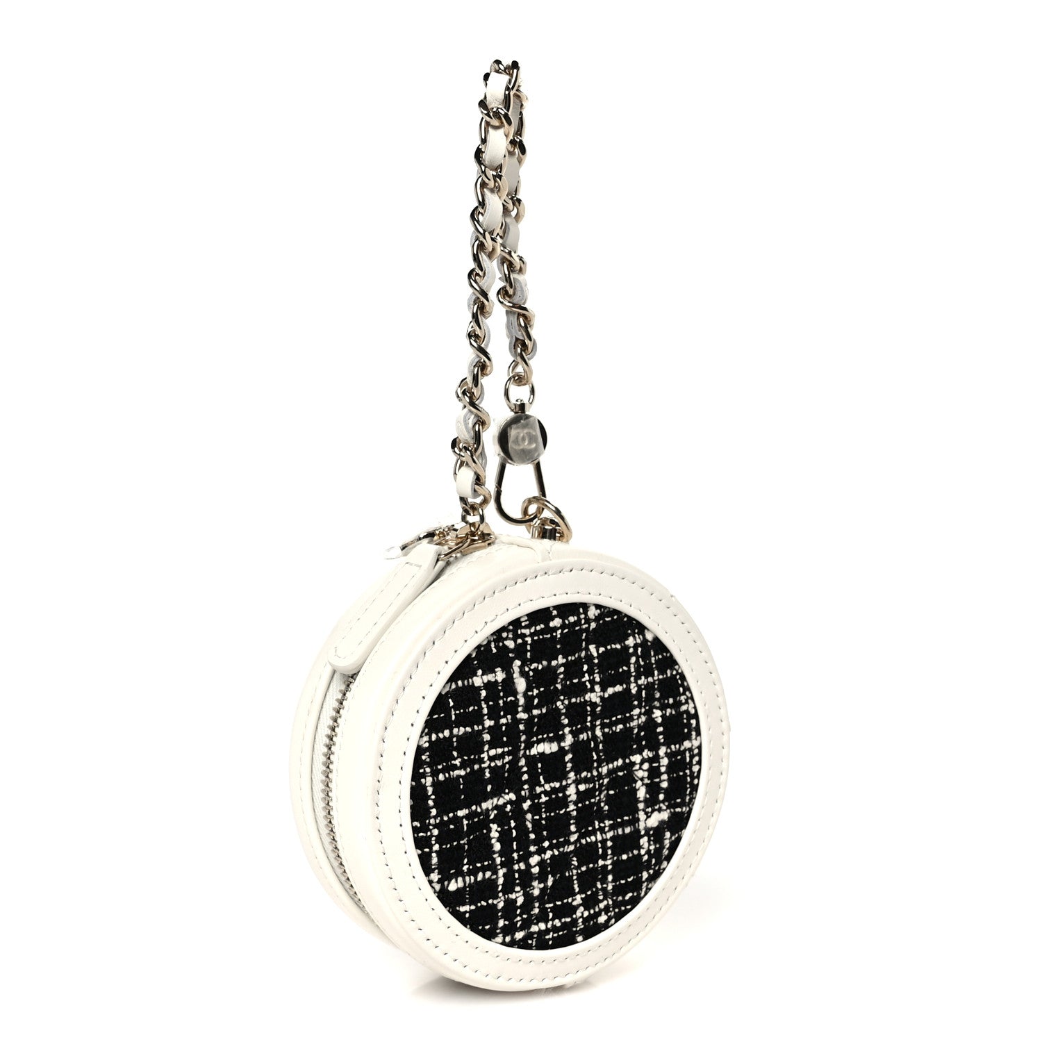 Tweed Quilted Round Filigree Pouch With Chain White Black