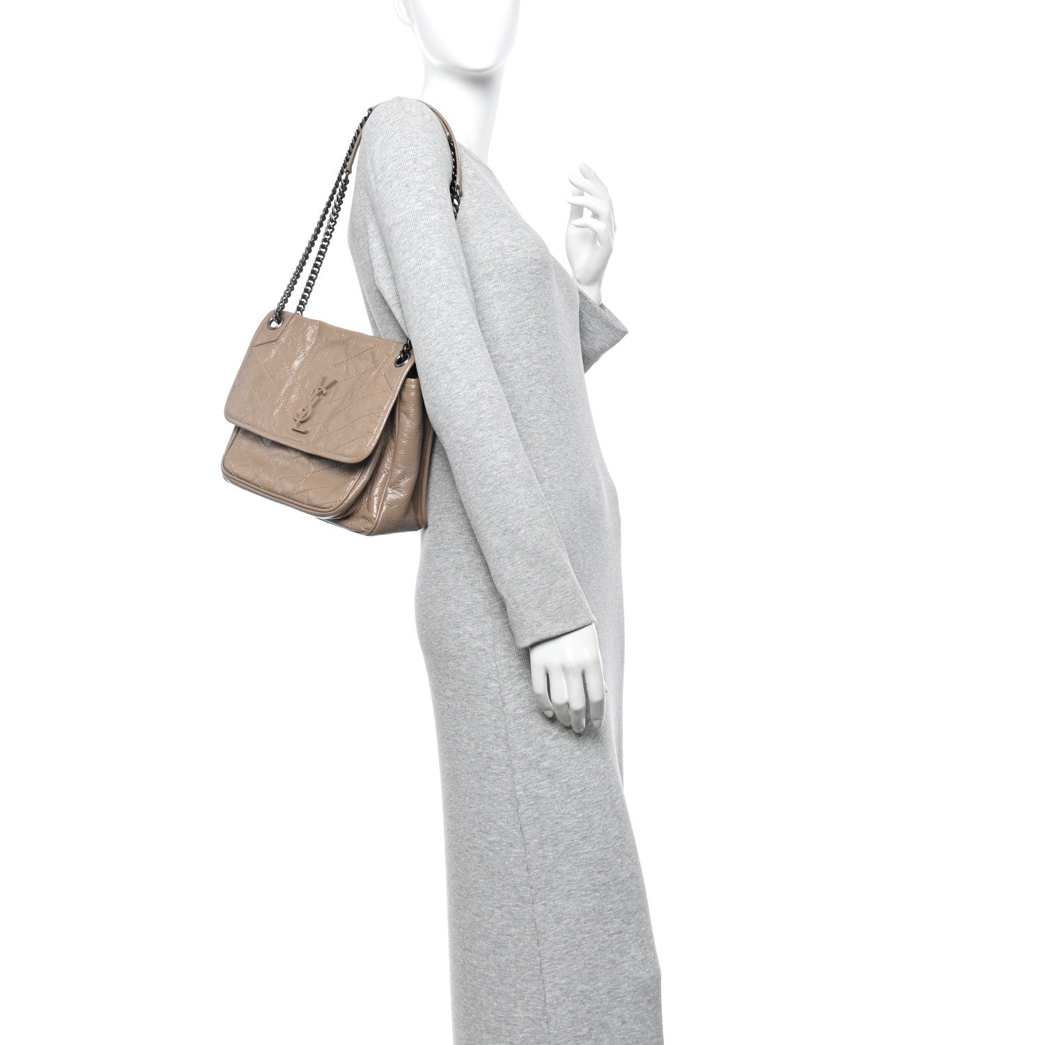 Crinkled Calfskin Matelasse Monogram Medium Niki Chain Satchel Light Taupe
