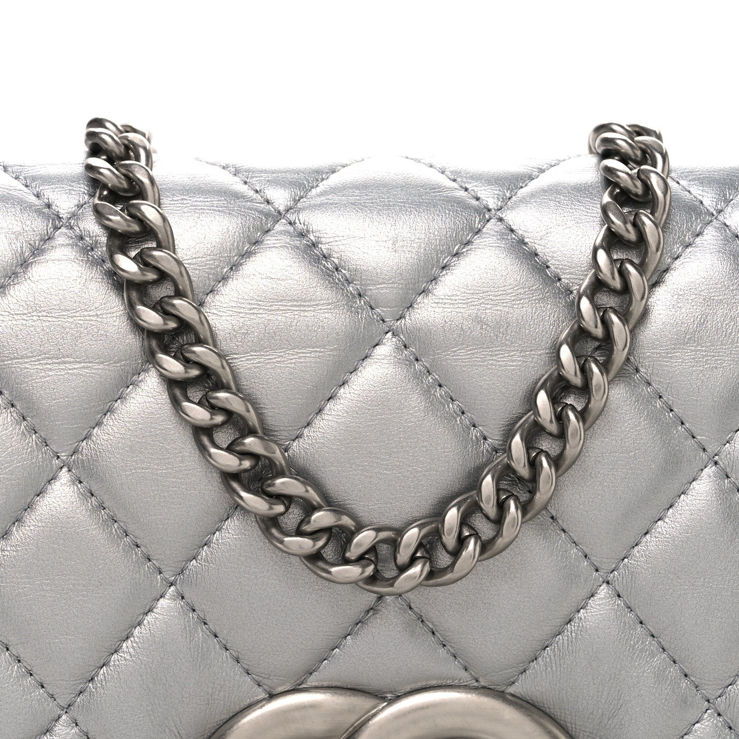 Metallic Lambskin Quilted Mini Maxi CC Flap Argent