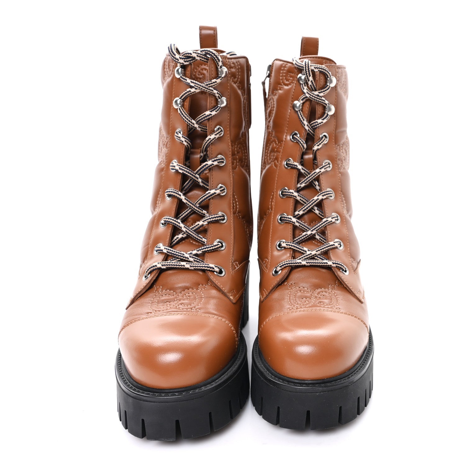 Cordovan Lux Nappa GG Matelasse Lace Up 60mm Combat Boots 37.5 Dark Hazel Brown