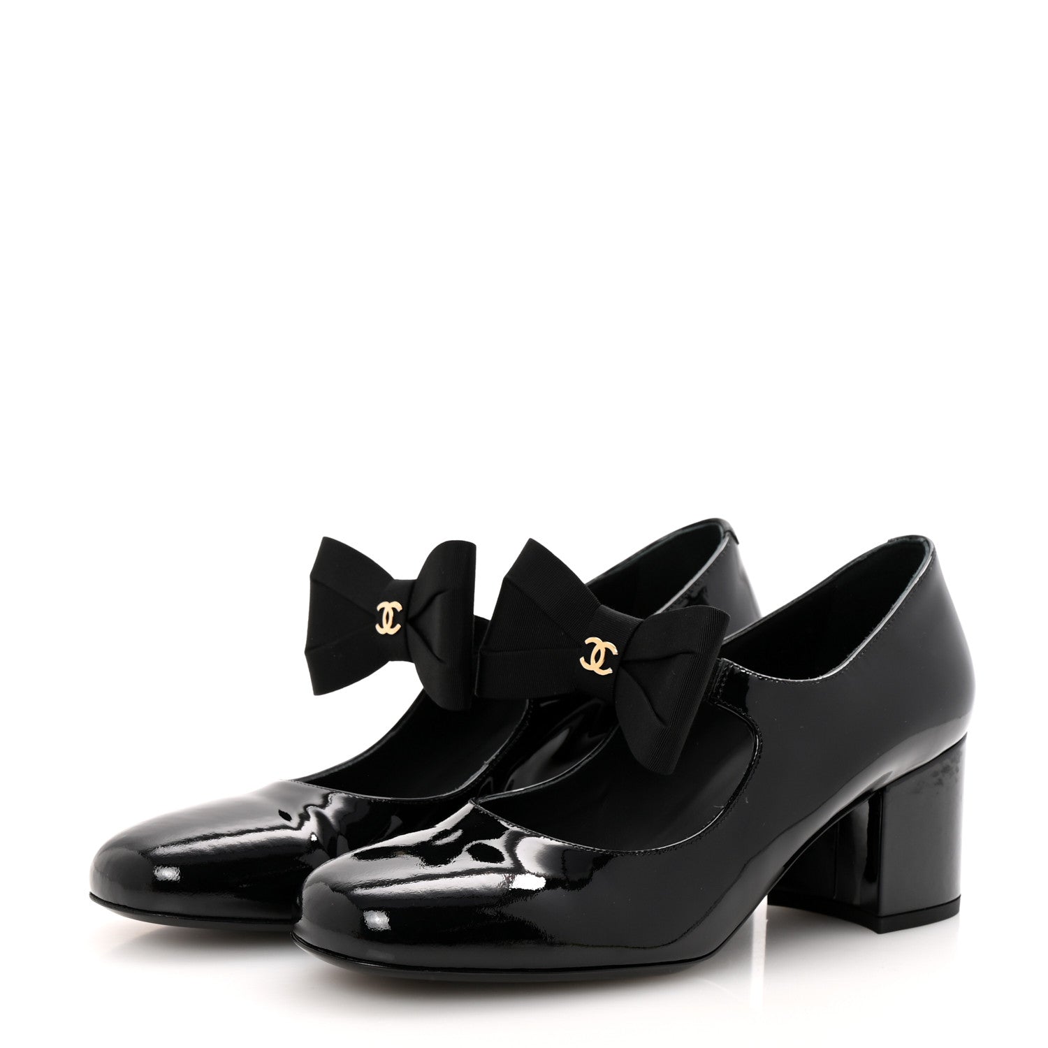 Patent Calfskin Grosgrain CC Mary Jane Pumps 39.5 Black