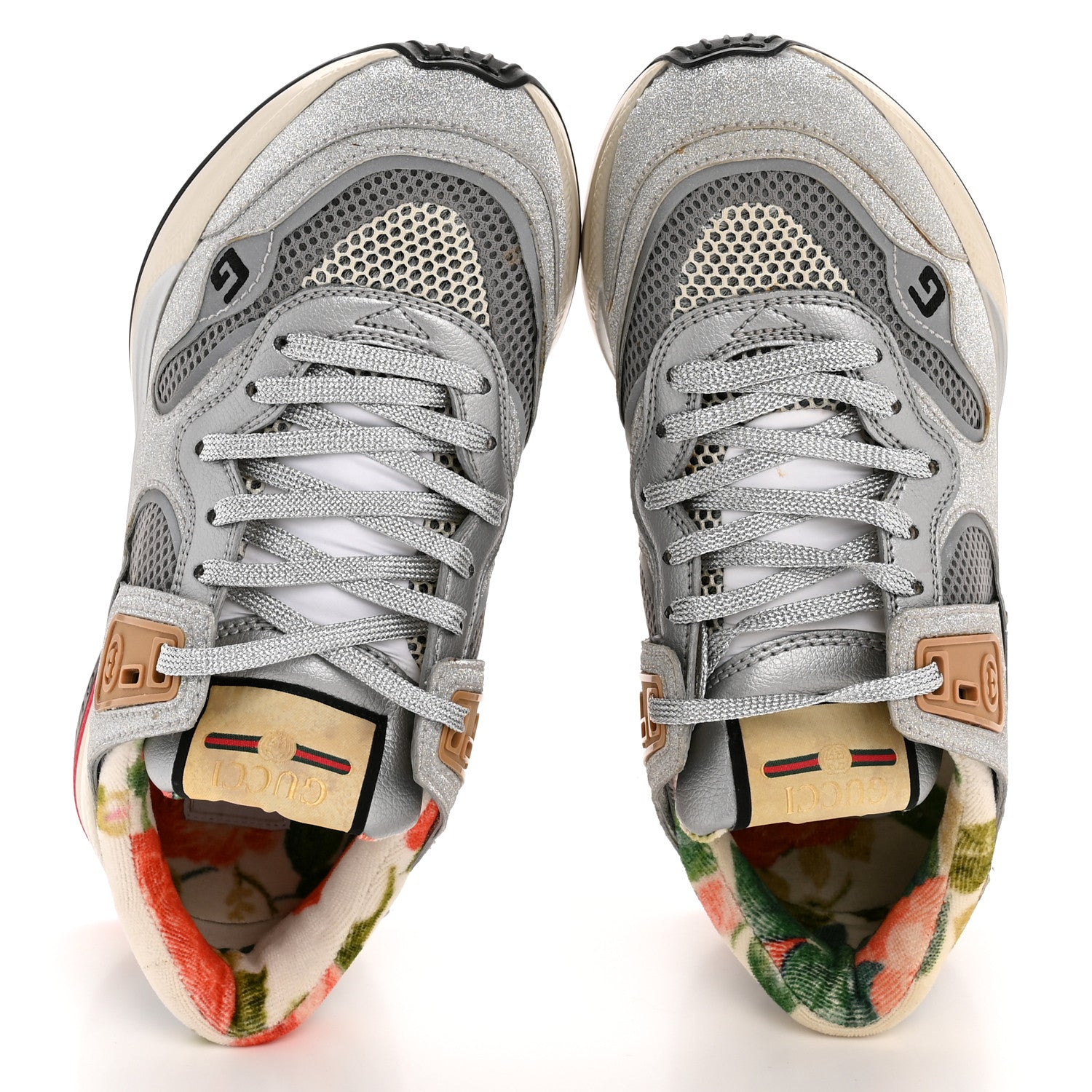Metallic Calfskin Glitter Mesh Womens Ultrapace Sneakers 36 Silver Light Grey Mystic White