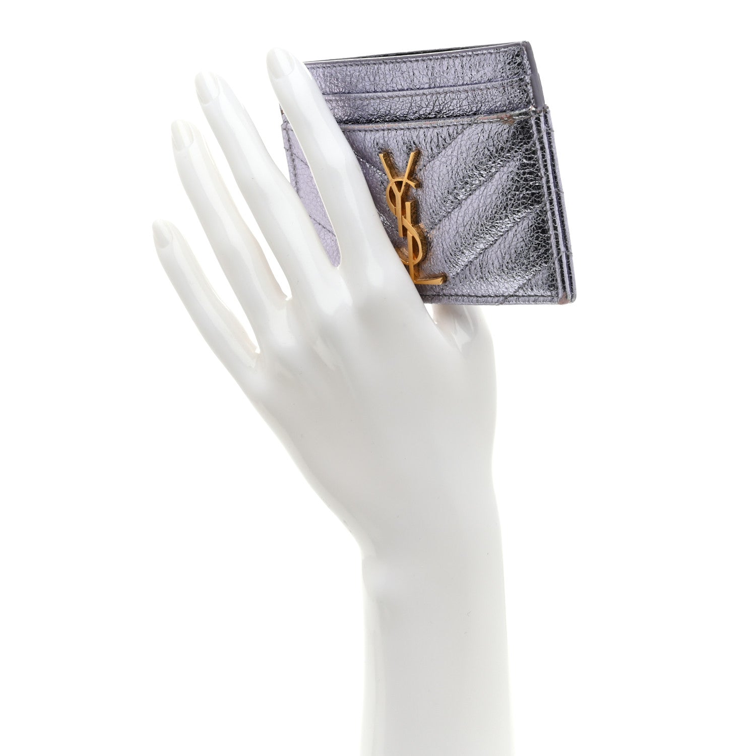 Metallic Crackled Calfskin Matelasse Chevron Monogram Credit Card Case Silver