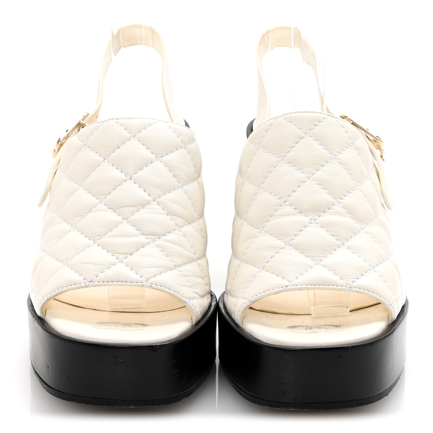 Lambskin Quilted Peep Toe Wedge Sandals 38 White