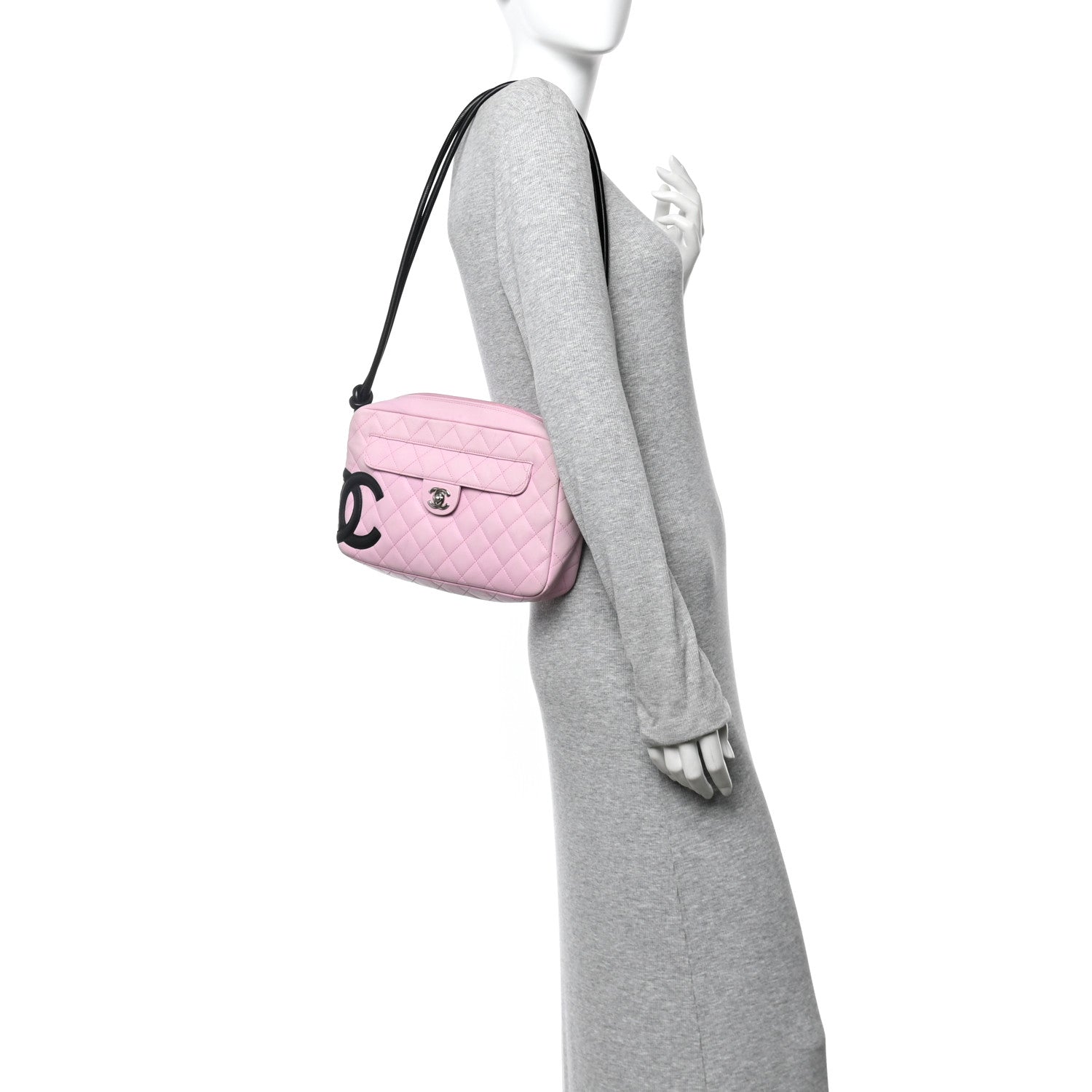 Calfskin Quilted Cambon Camera Case Pink Black