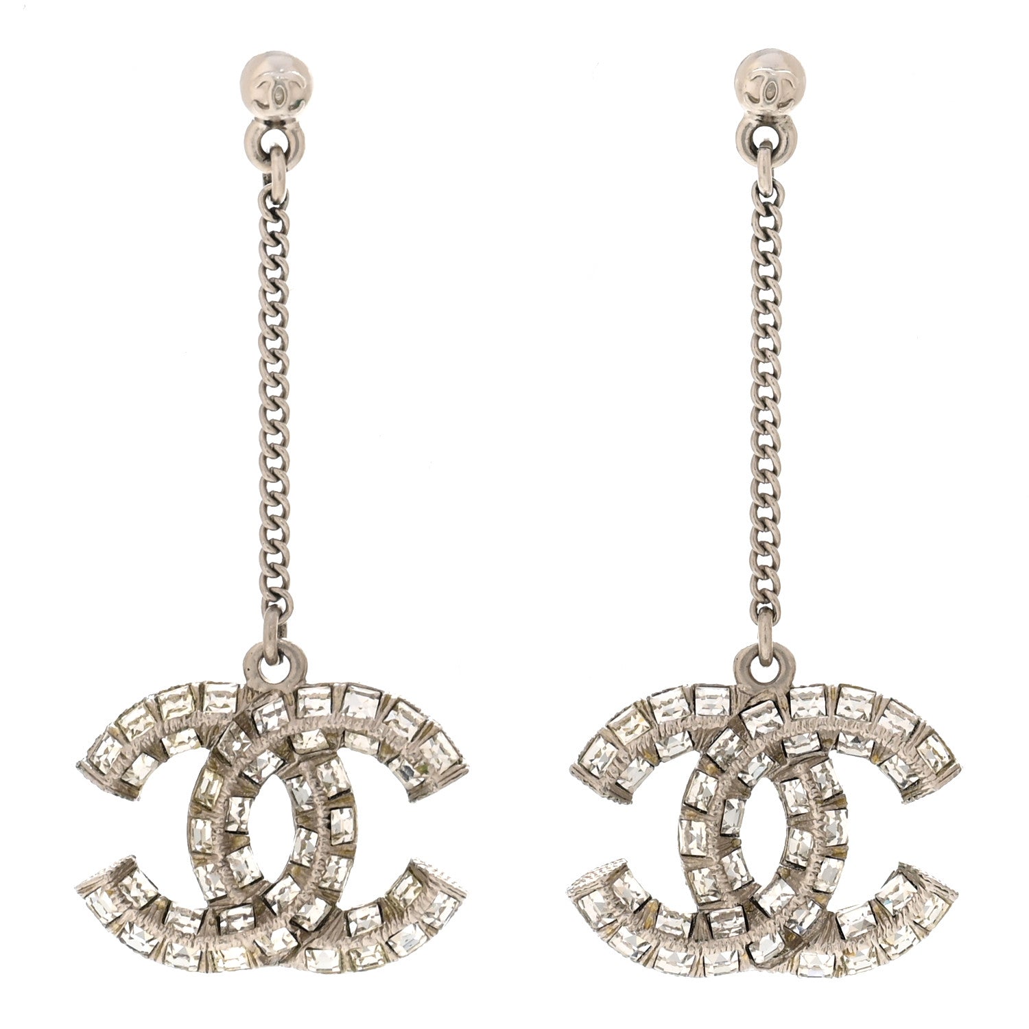Baguette Crystal CC Drop Earrings Silver