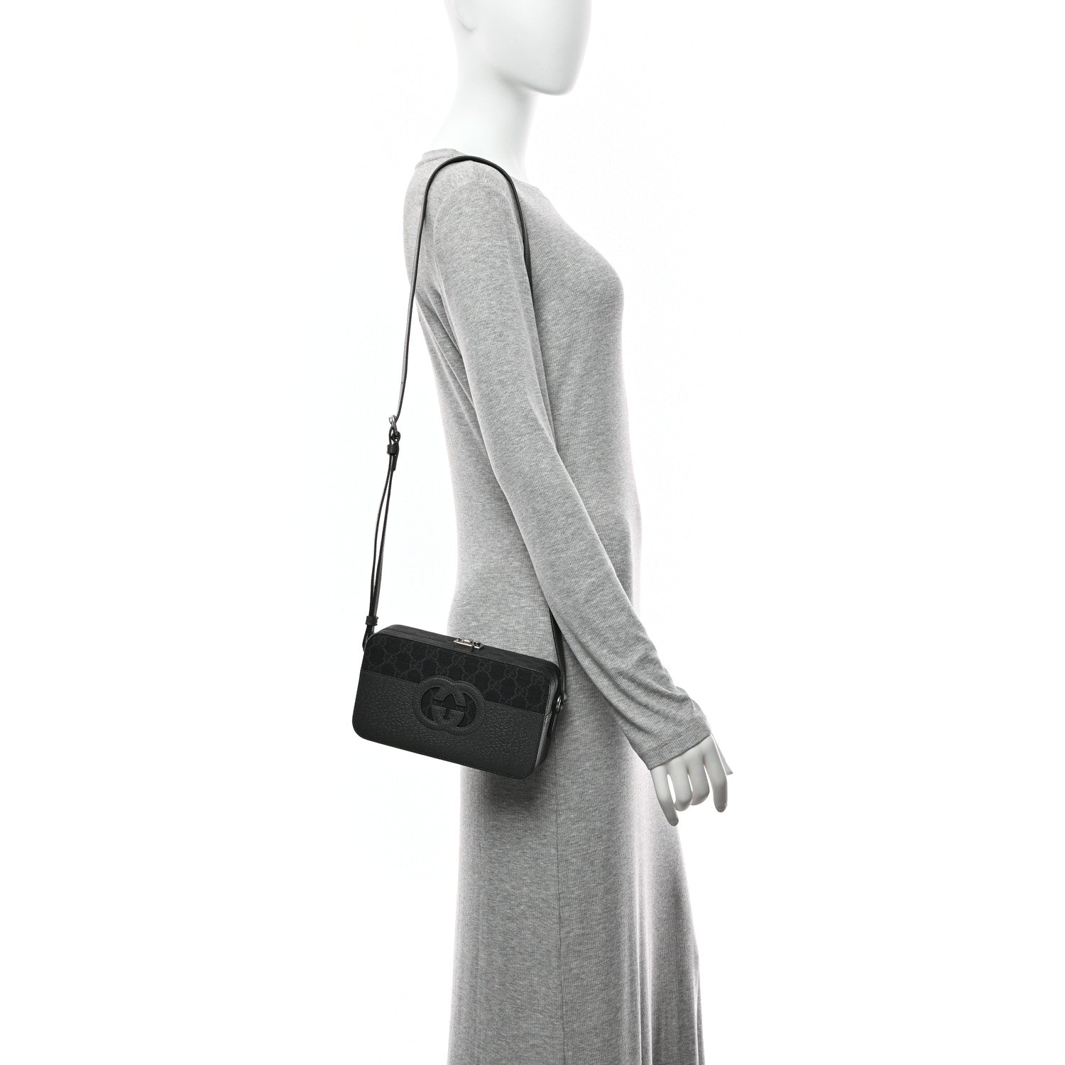 GG Supreme Monogram Textured Dollar Calfskin Mini New Basket Shoulder Bag Black Grey