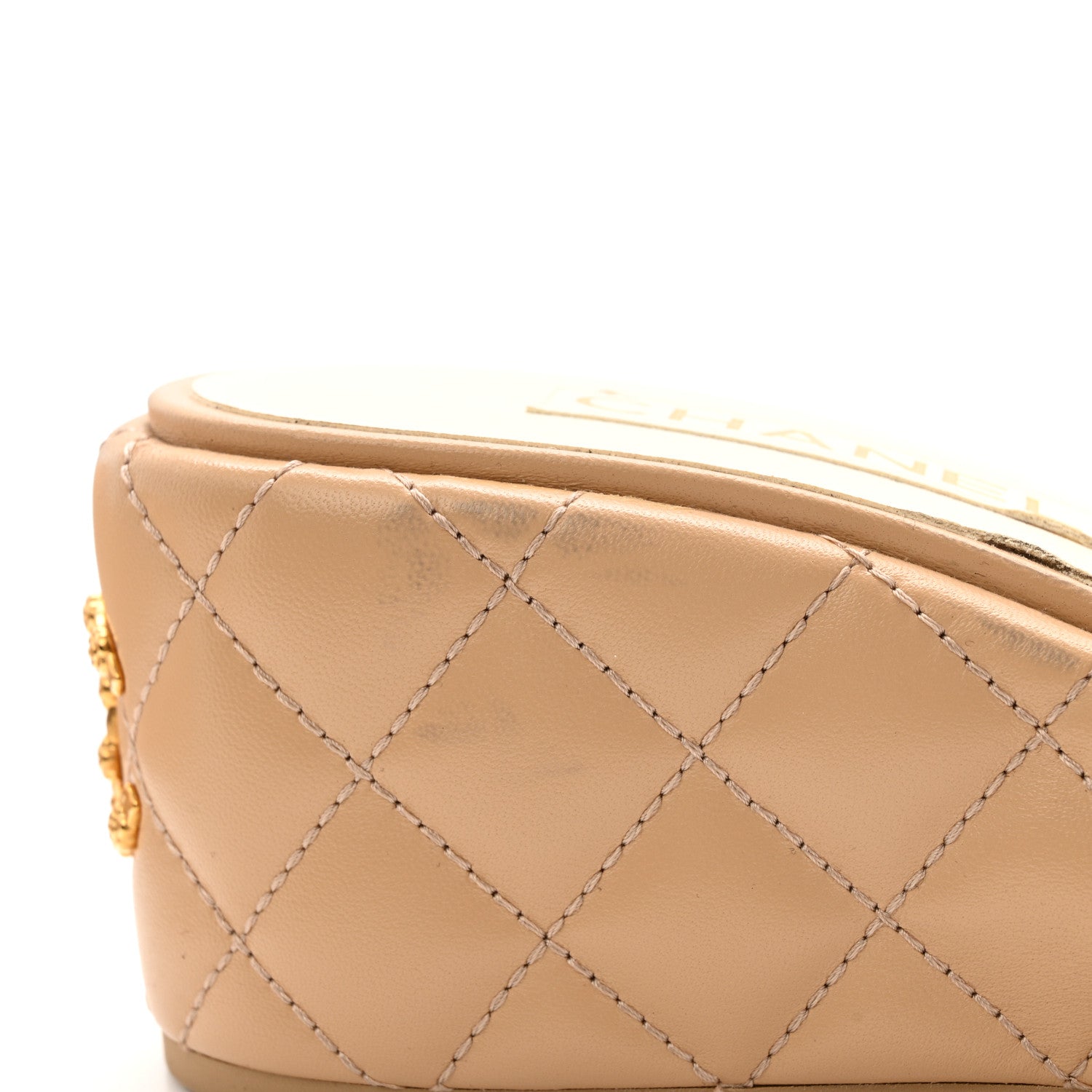 Lambskin Quilted Camelia CC Wedge Sandal Mules 38 Beige