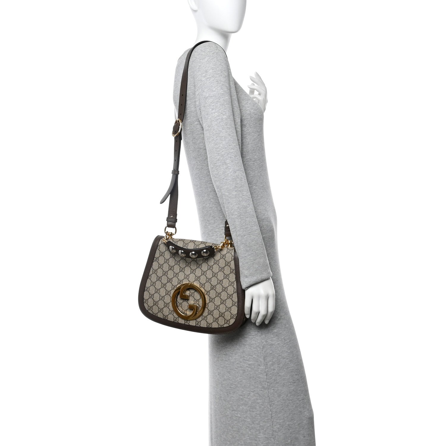 GG Supreme Monogram Textured Dollar Calfskin Web Medium Blondie Top Handle Shoulder Flap Bag Beige Ebony New Acero