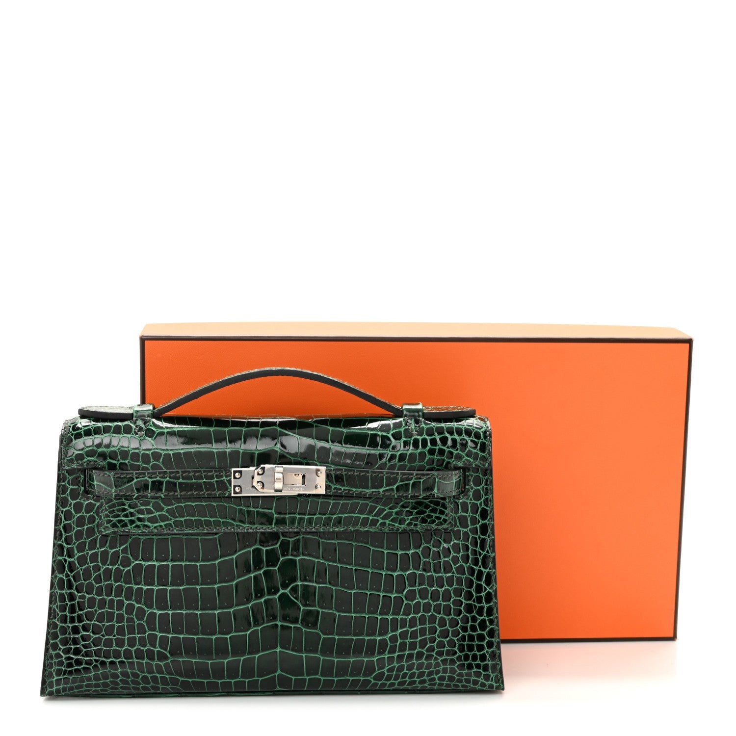 Shiny Porosus Crocodile Kelly Pochette Vert Cypress